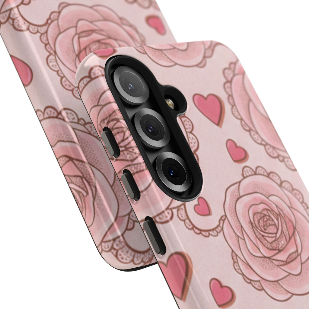 Floral Heart Phone Case — Pink Rose Pattern Tough Protective Case