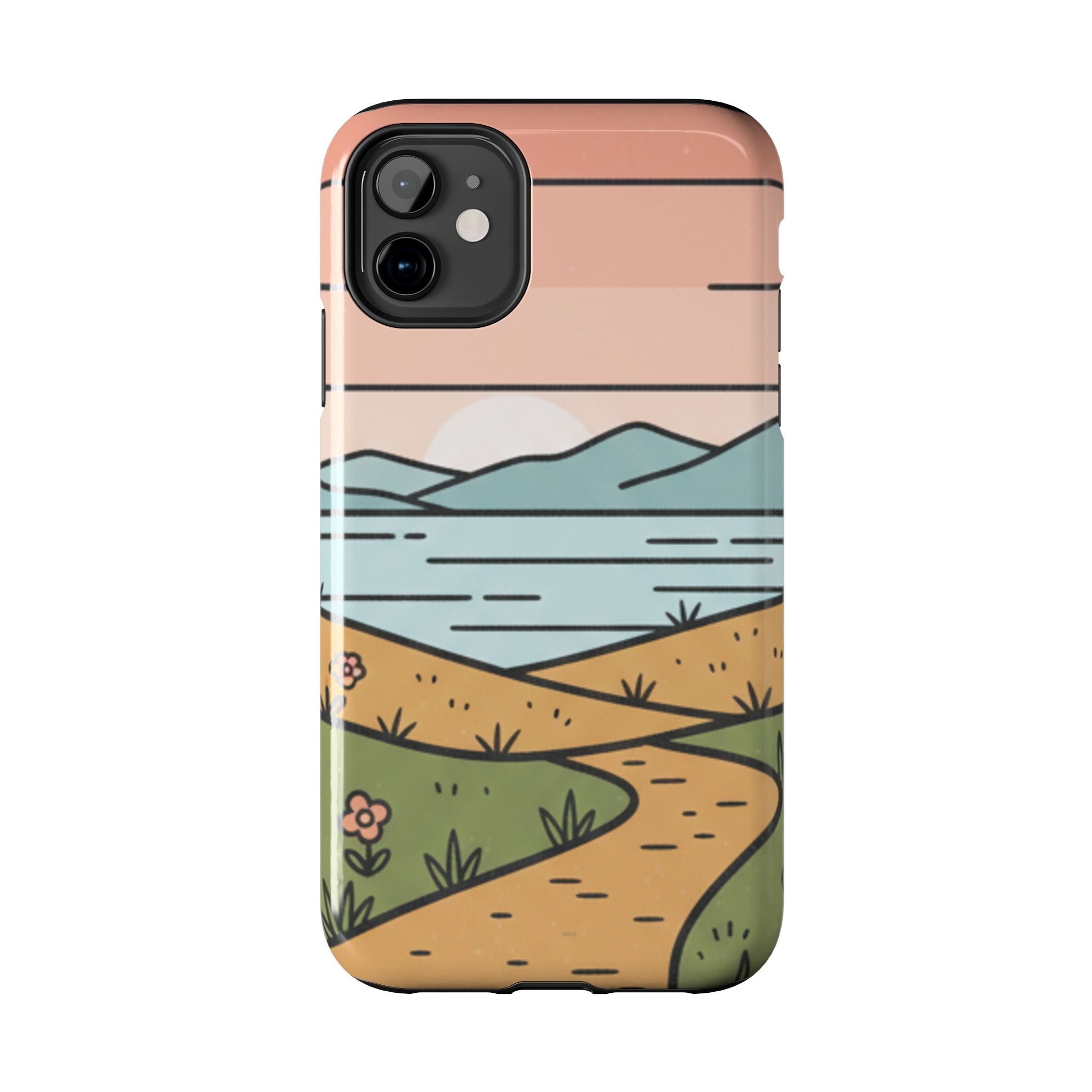 Scenic Path Tough Phone Case — Pastel Lake & Mountain Protective Cover
