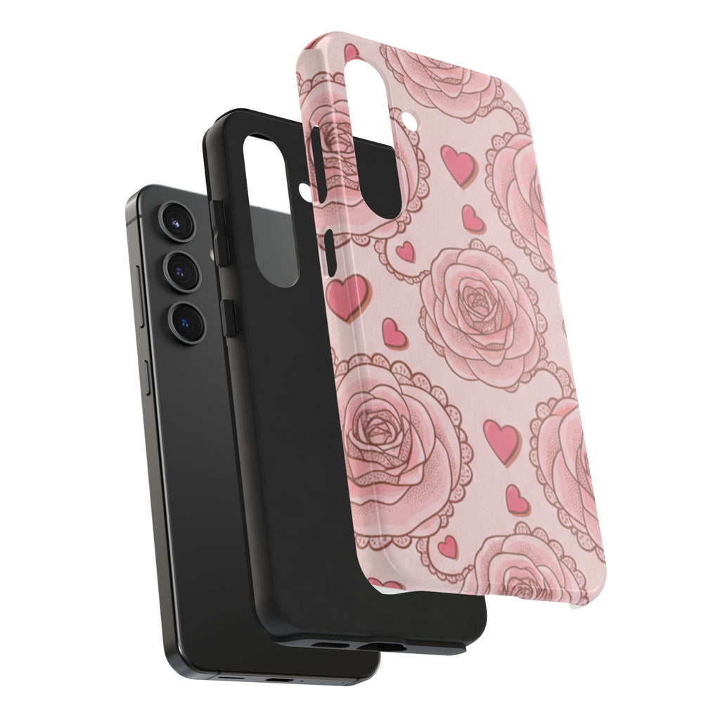 Floral Heart Phone Case — Pink Rose Pattern Tough Protective Case