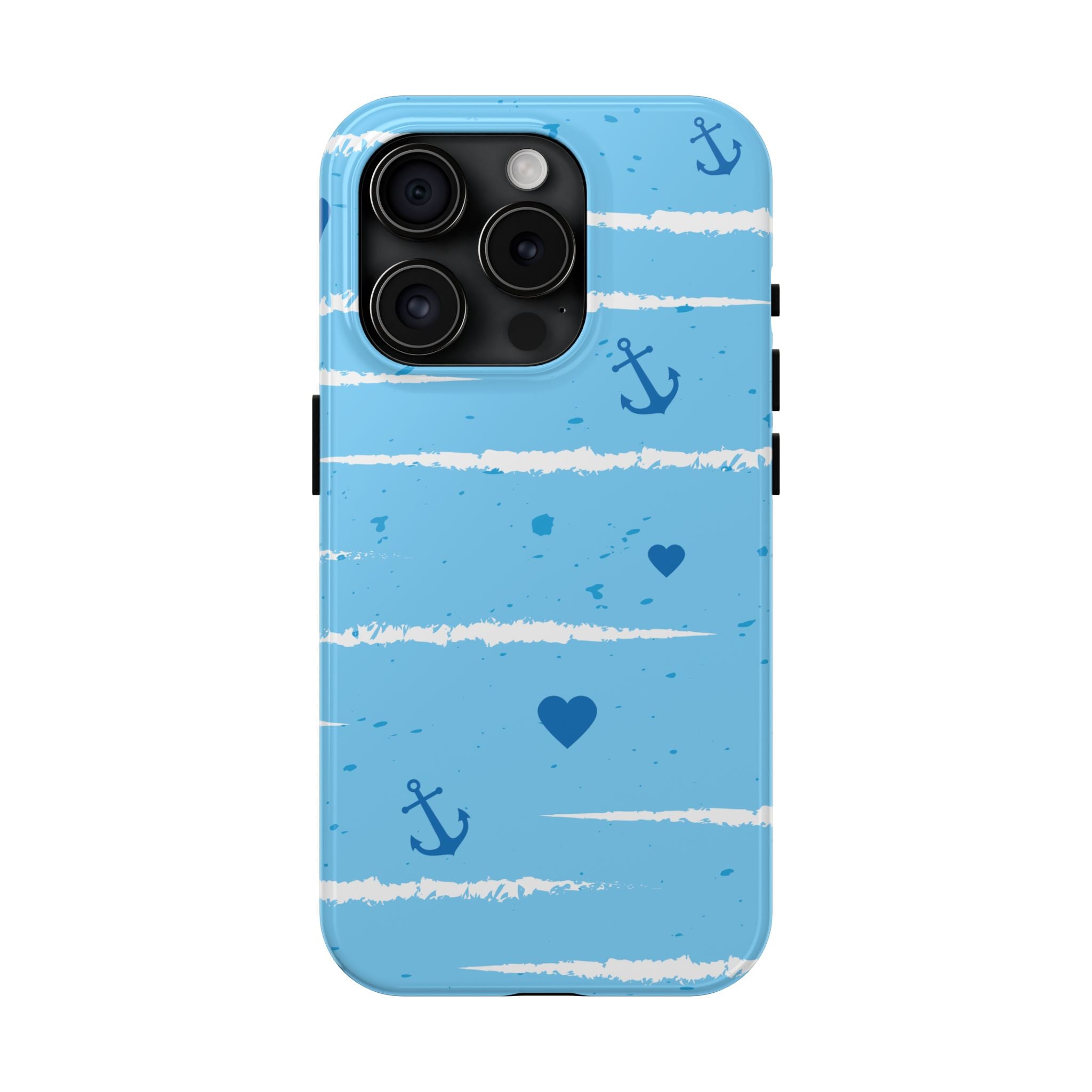 Nautical Blue Anchor & Hearts Tough Phone Case — Cute Striped Protective Cover