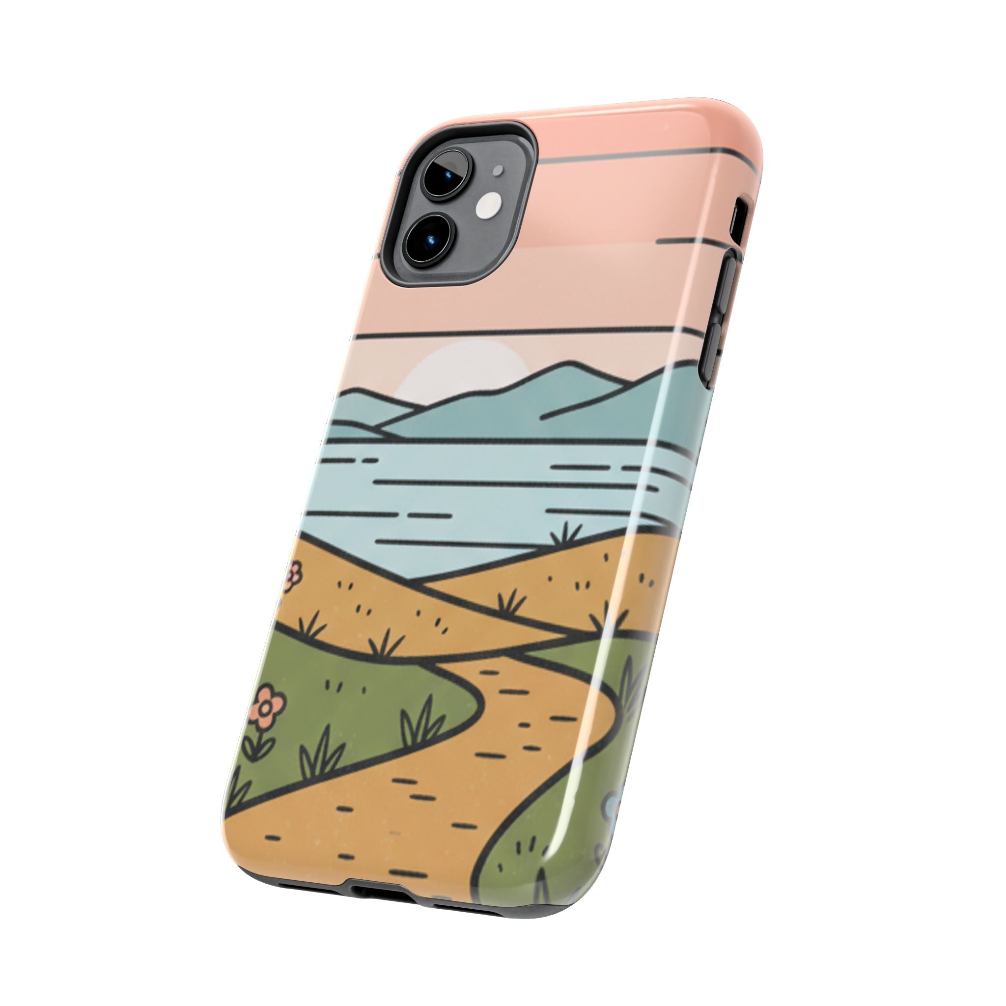 Scenic Path Tough Phone Case — Pastel Lake & Mountain Protective Cover