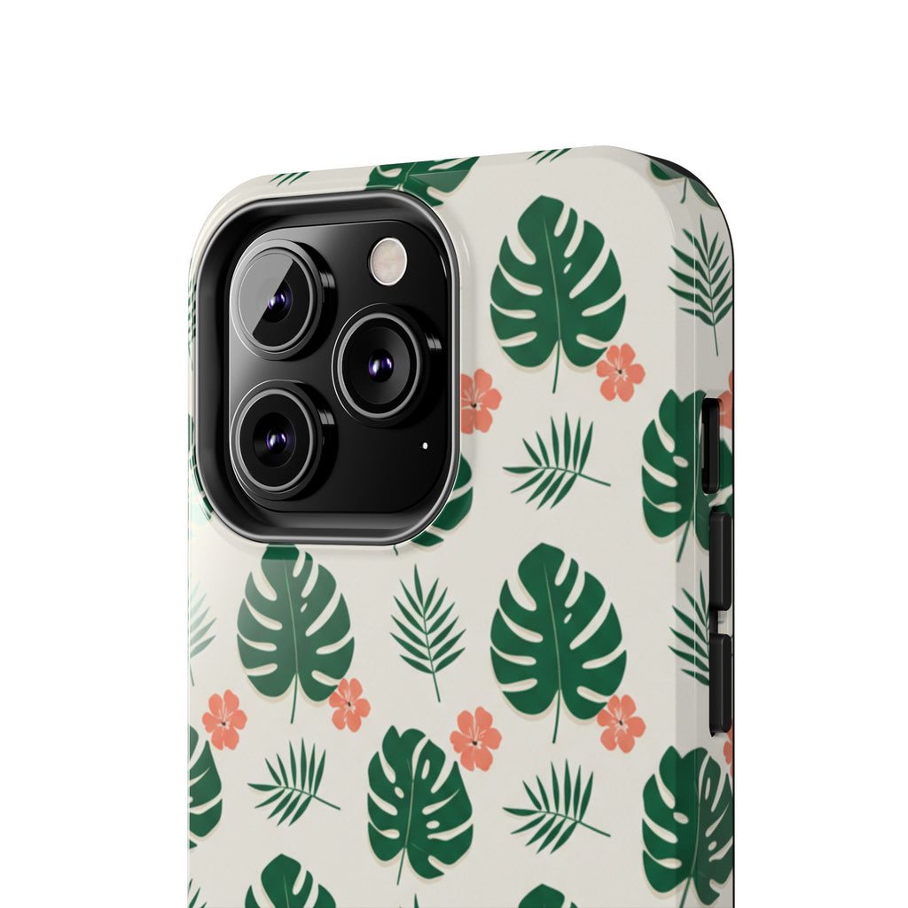 Tropical Leaves Tough Phone Case — Monstera & Pink Floral Protective Cover