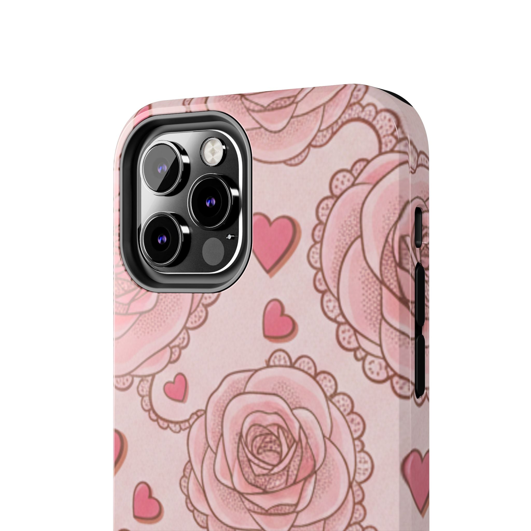 Floral Heart Phone Case — Pink Rose Pattern Tough Protective Case