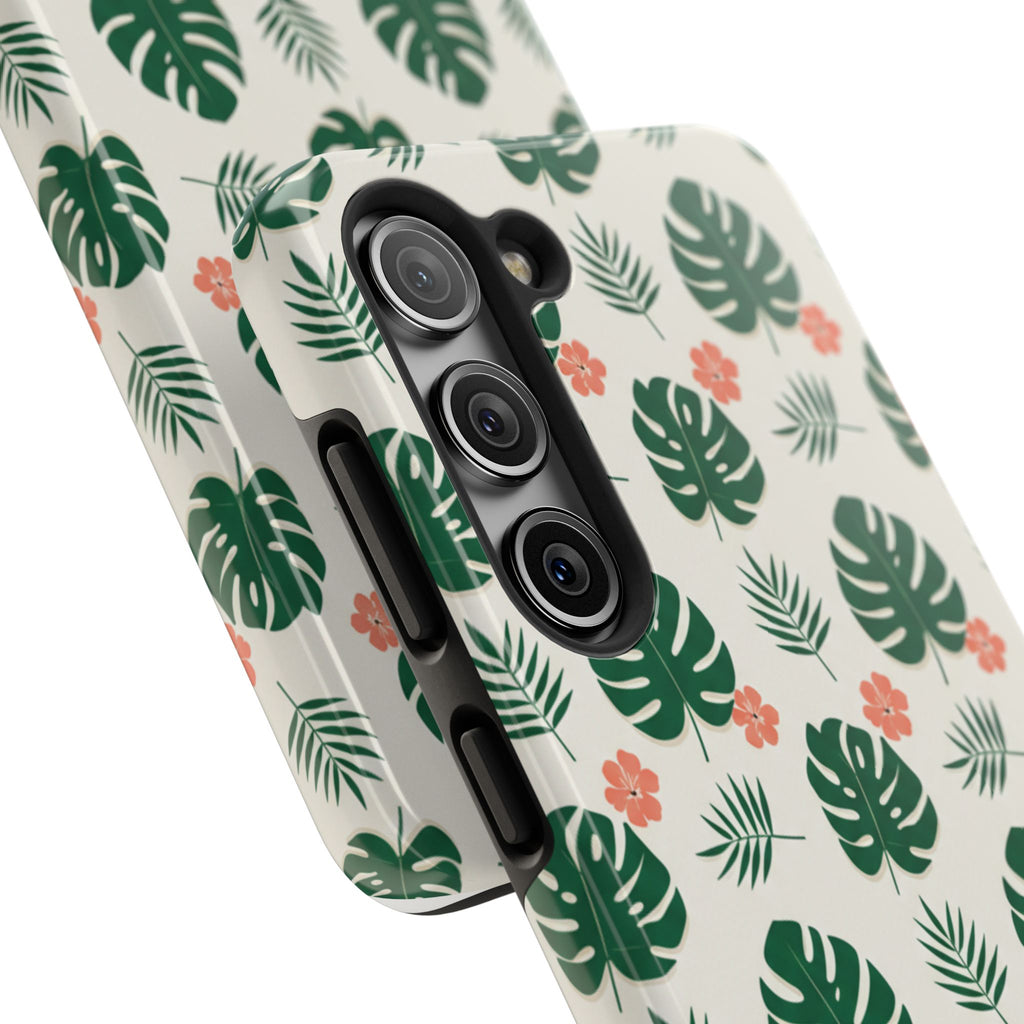 Tropical Leaves Tough Phone Case — Monstera & Pink Floral Protective Cover