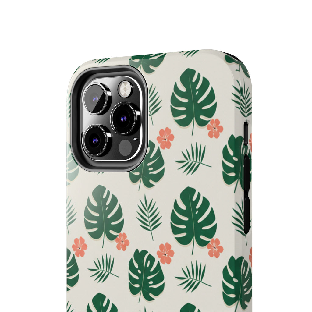Tropical Leaves Tough Phone Case — Monstera & Pink Floral Protective Cover
