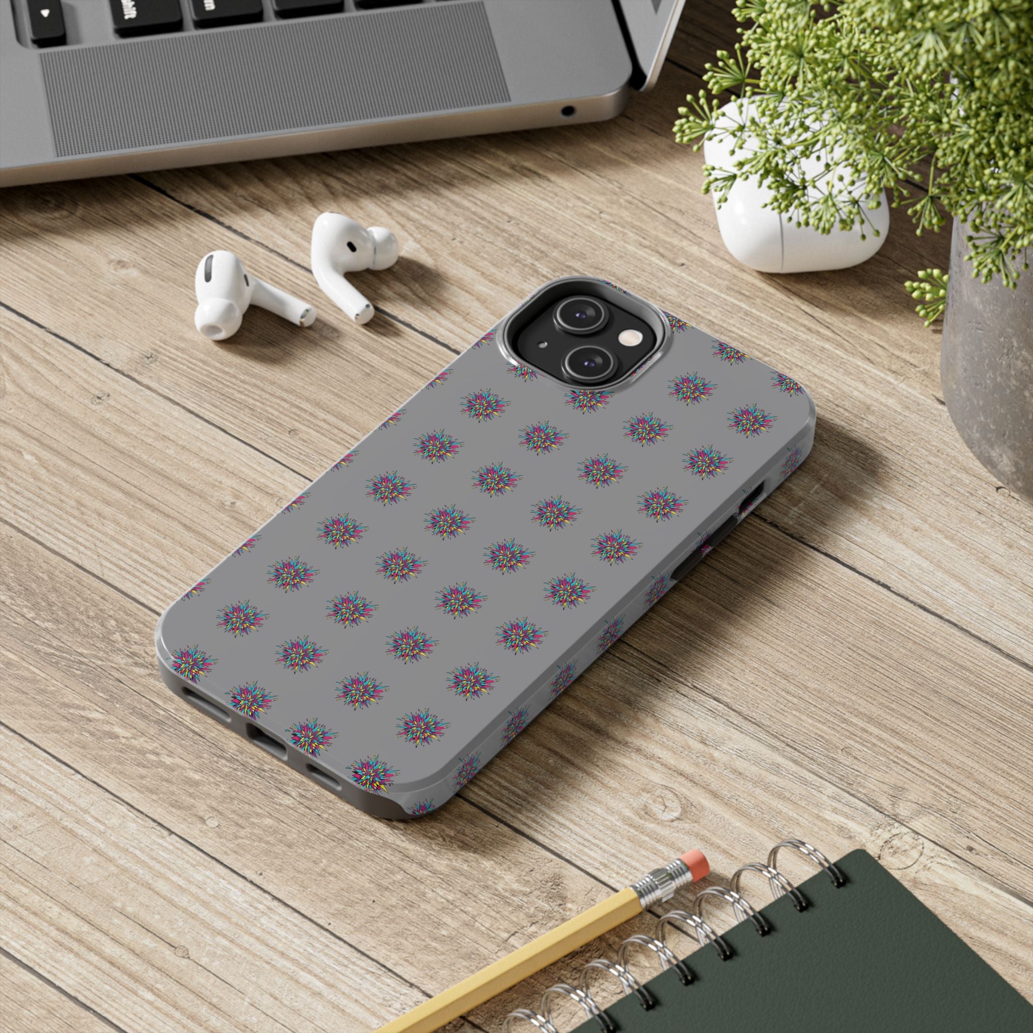 Tough Phone Case — Abstract Floral Burst Pattern on Gray (Protective Slim Fit)