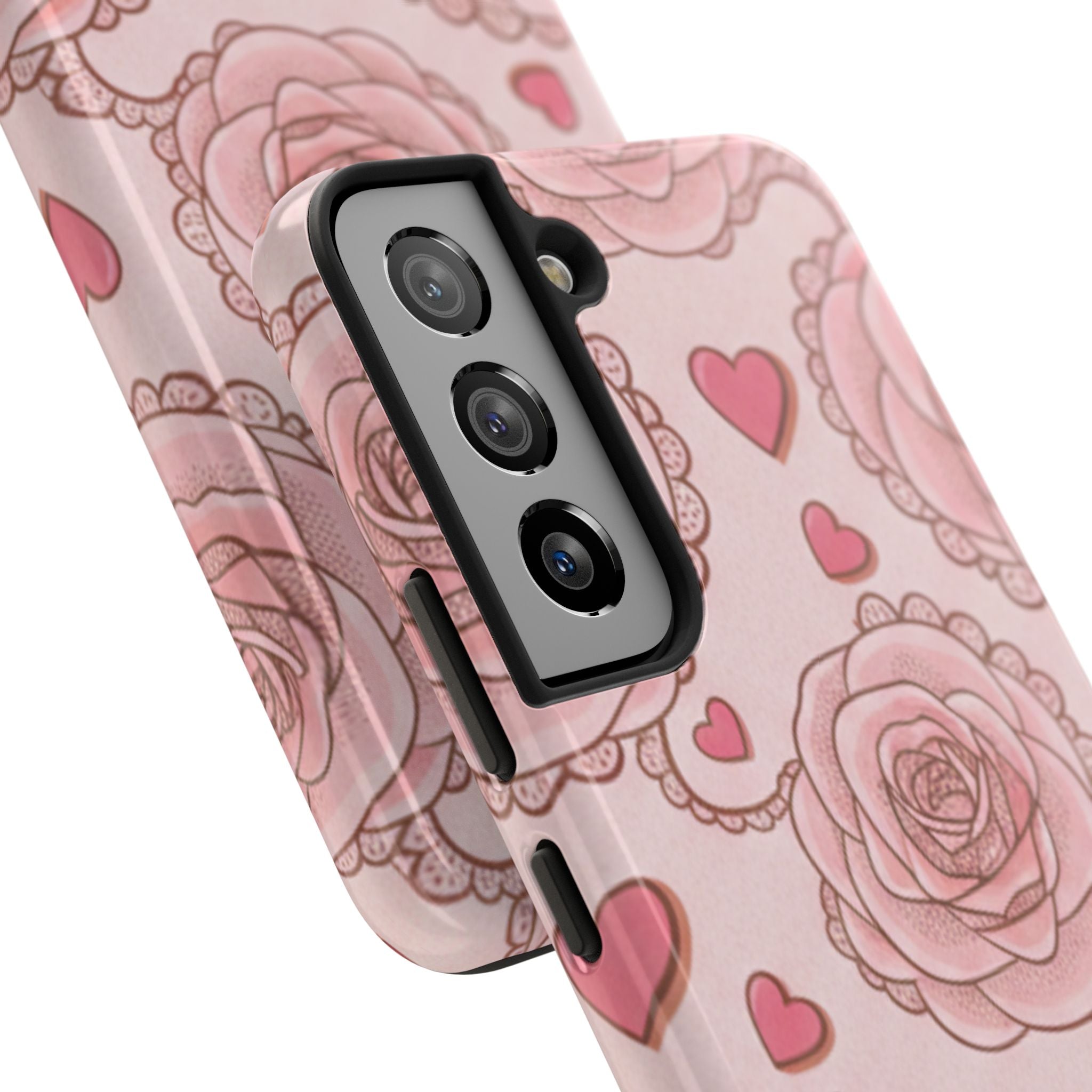 Floral Heart Phone Case — Pink Rose Pattern Tough Protective Case