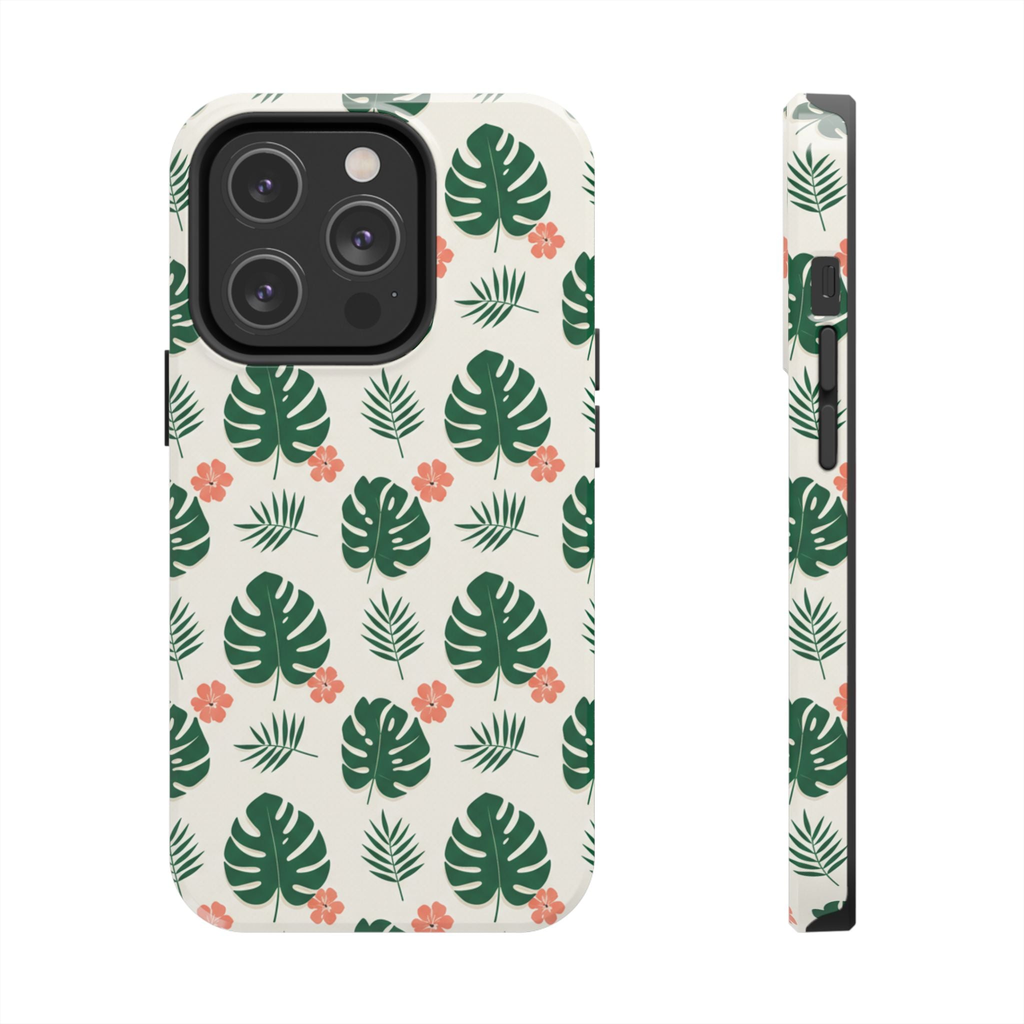 Tropical Leaves Tough Phone Case — Monstera & Pink Floral Protective Cover