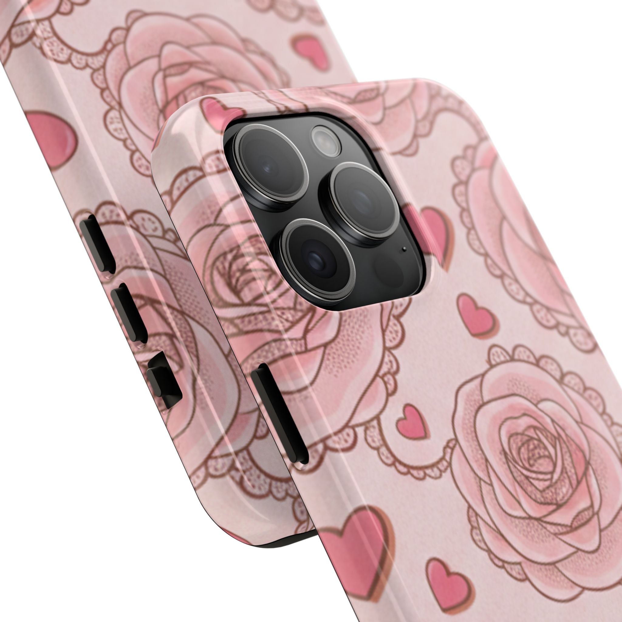Floral Heart Phone Case — Pink Rose Pattern Tough Protective Case
