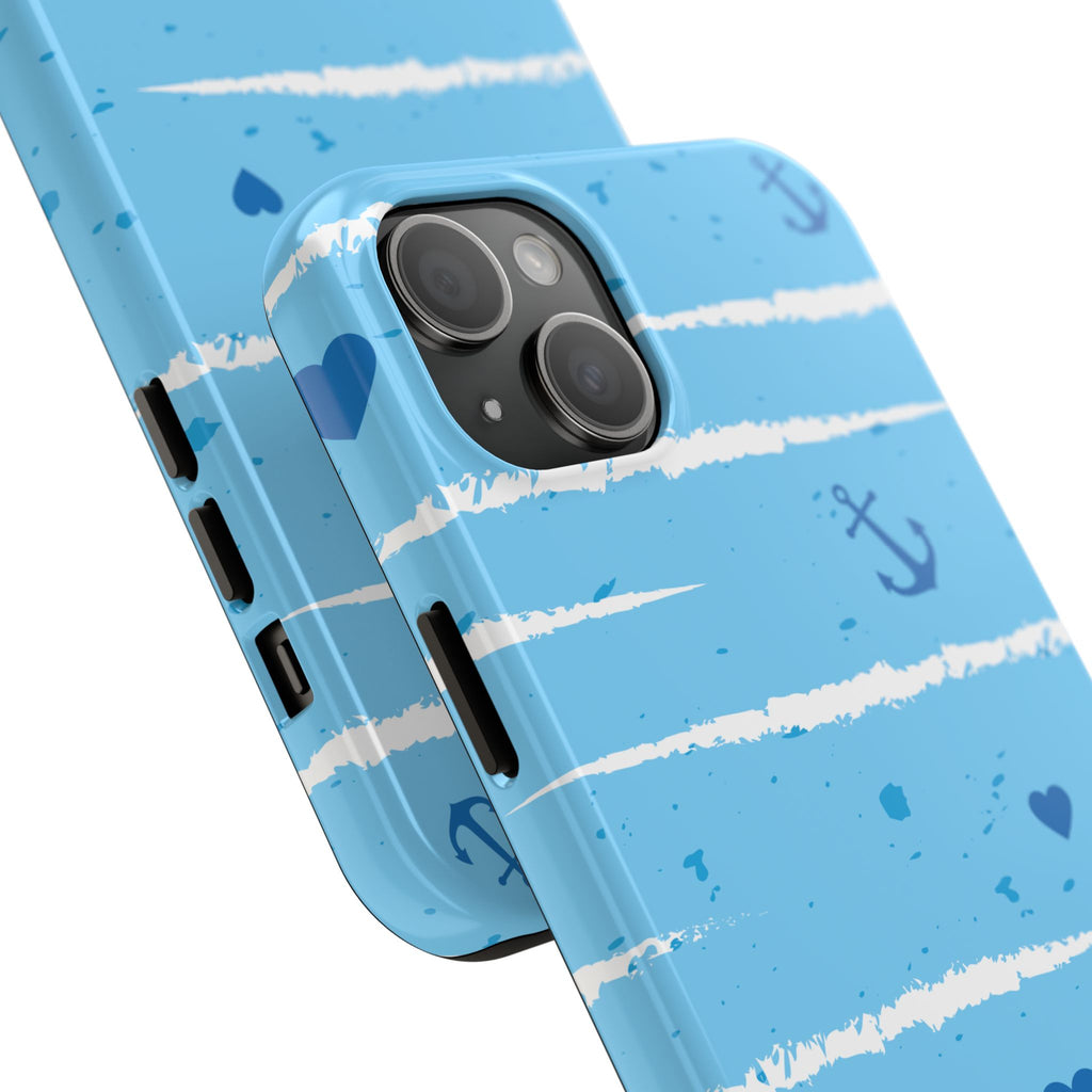 Nautical Blue Anchor & Hearts Tough Phone Case — Cute Striped Protective Cover