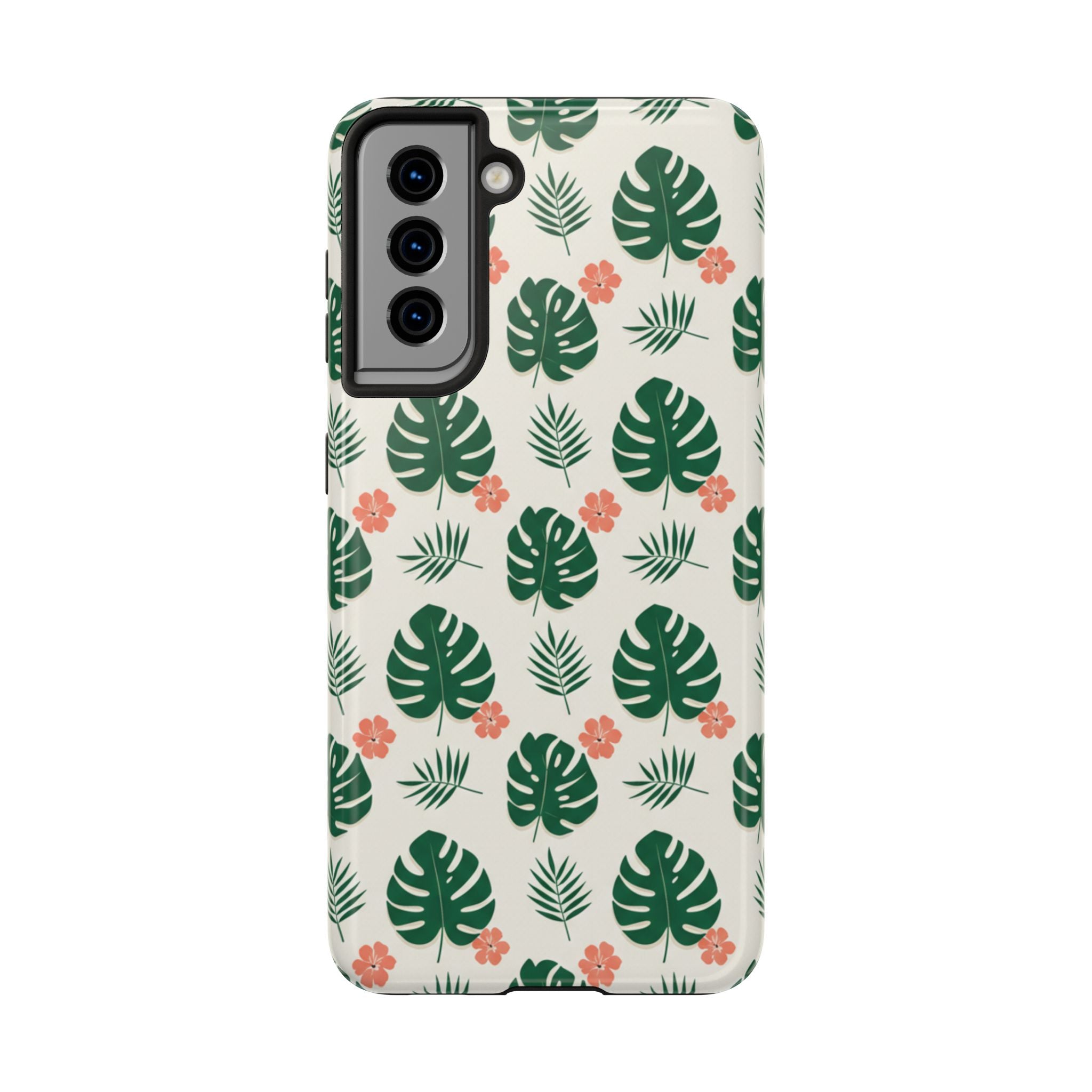 Tropical Leaves Tough Phone Case — Monstera & Pink Floral Protective Cover