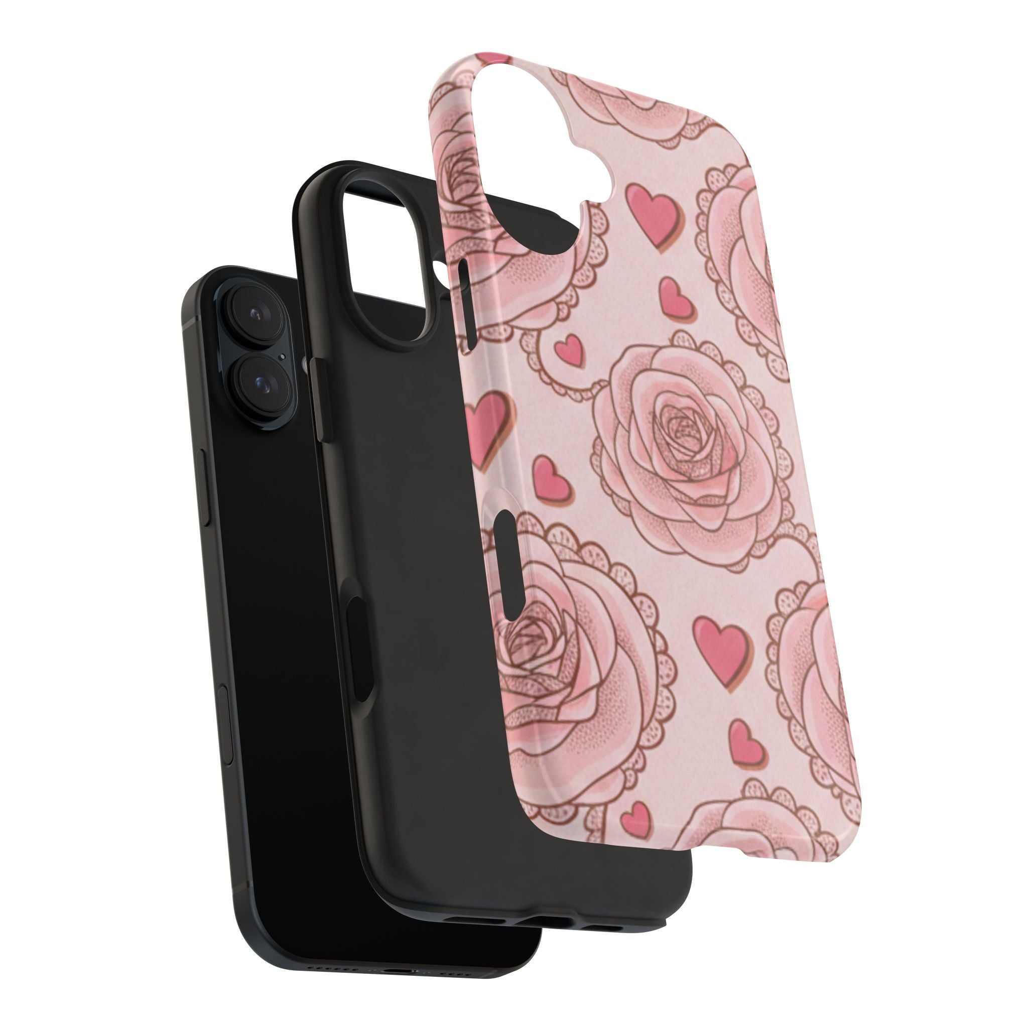 Floral Heart Phone Case — Pink Rose Pattern Tough Protective Case