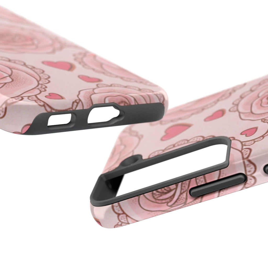 Floral Heart Phone Case — Pink Rose Pattern Tough Protective Case