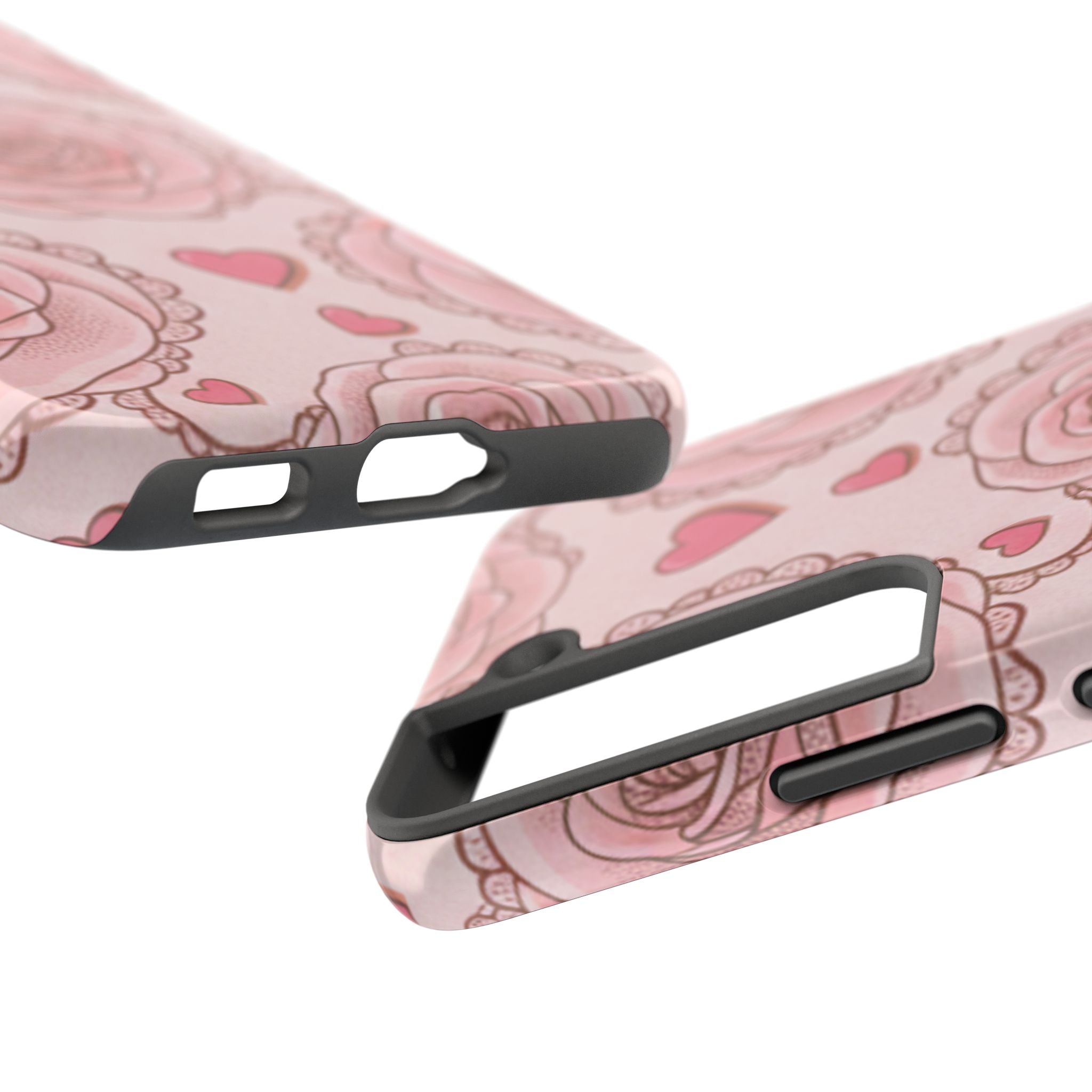 Floral Heart Phone Case — Pink Rose Pattern Tough Protective Case