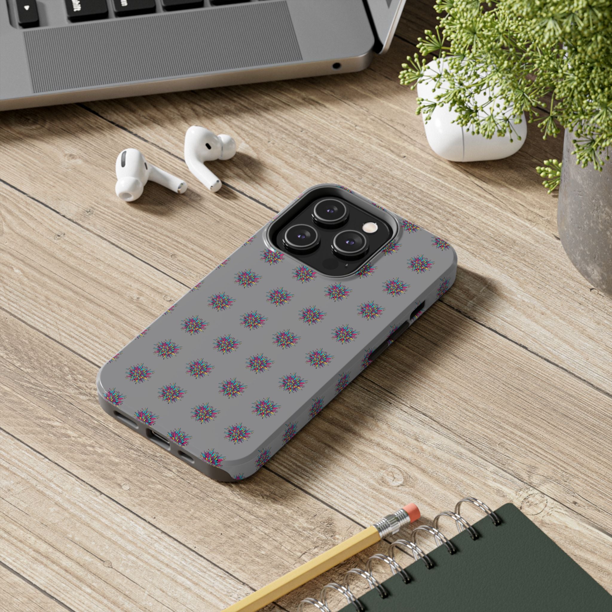 Tough Phone Case — Abstract Floral Burst Pattern on Gray (Protective Slim Fit)