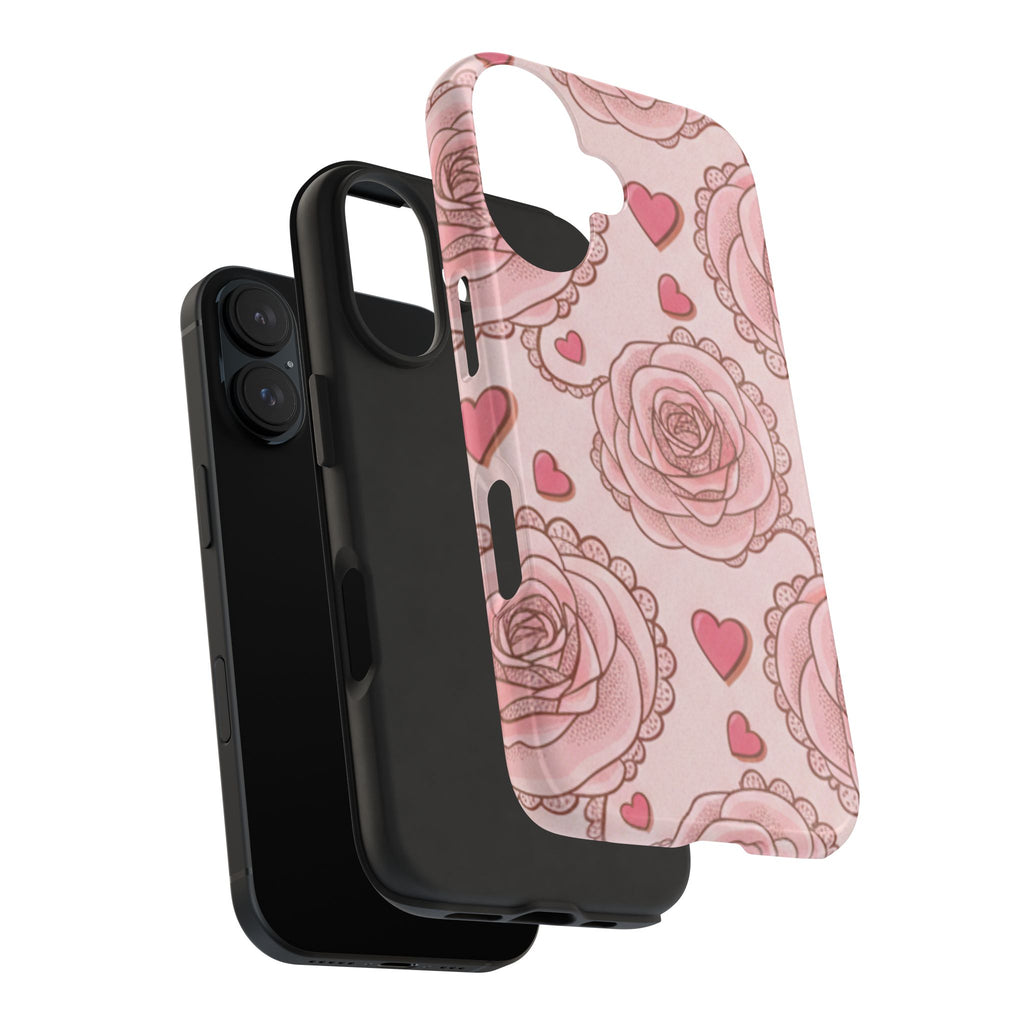 Floral Heart Phone Case — Pink Rose Pattern Tough Protective Case