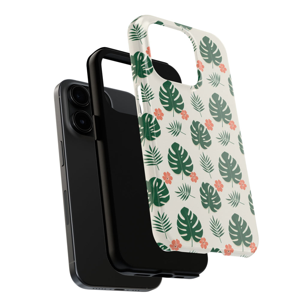 Tropical Leaves Tough Phone Case — Monstera & Pink Floral Protective Cover