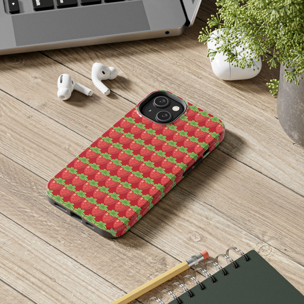 Strawberry Pattern Tough Phone Case — Cute Red Fruit Protective Cover