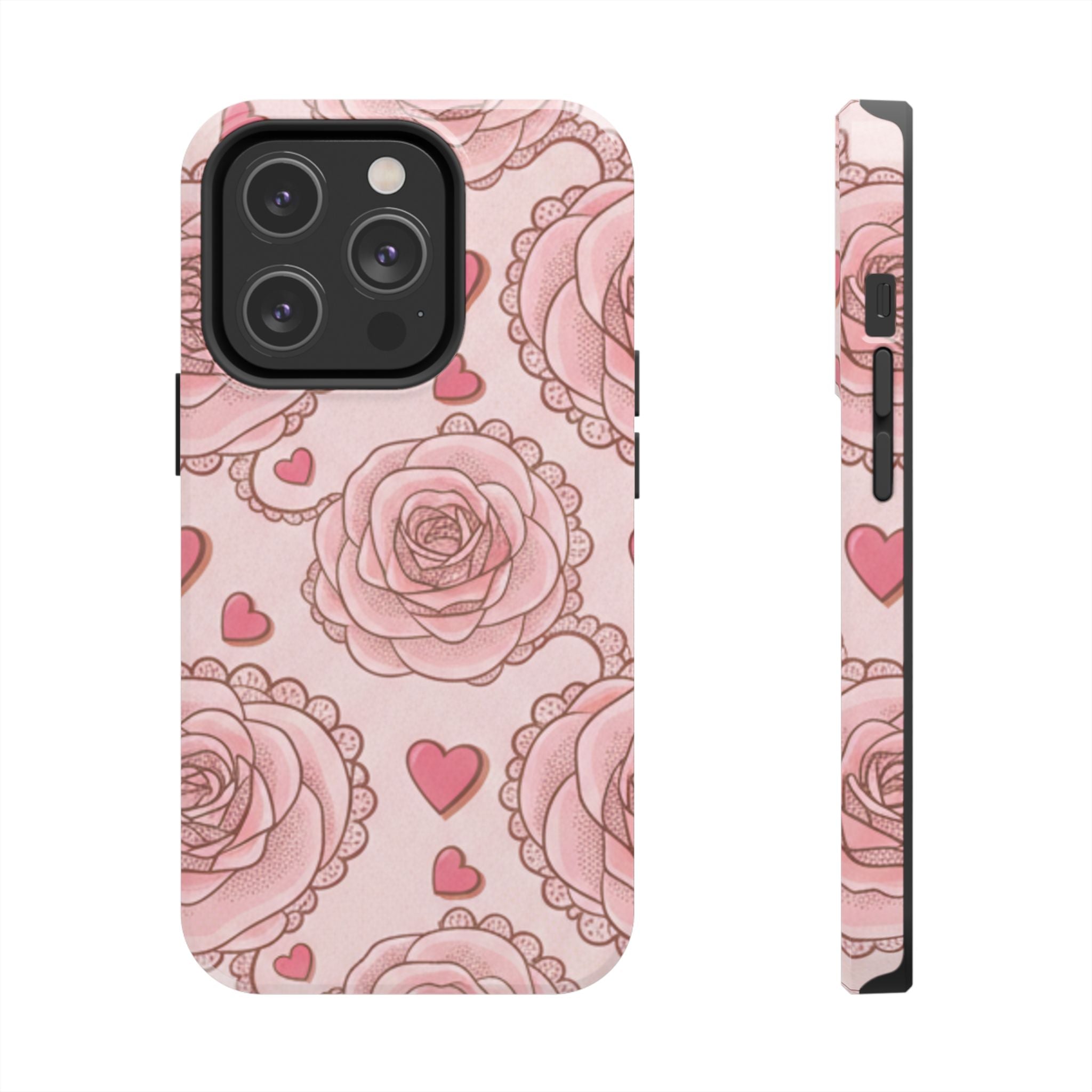 Floral Heart Phone Case — Pink Rose Pattern Tough Protective Case
