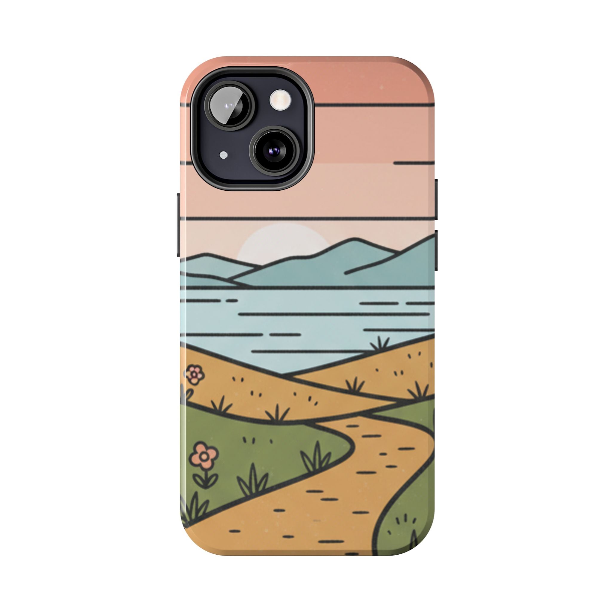 Scenic Path Tough Phone Case — Pastel Lake & Mountain Protective Cover