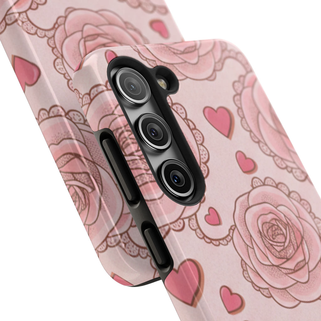 Floral Heart Phone Case — Pink Rose Pattern Tough Protective Case