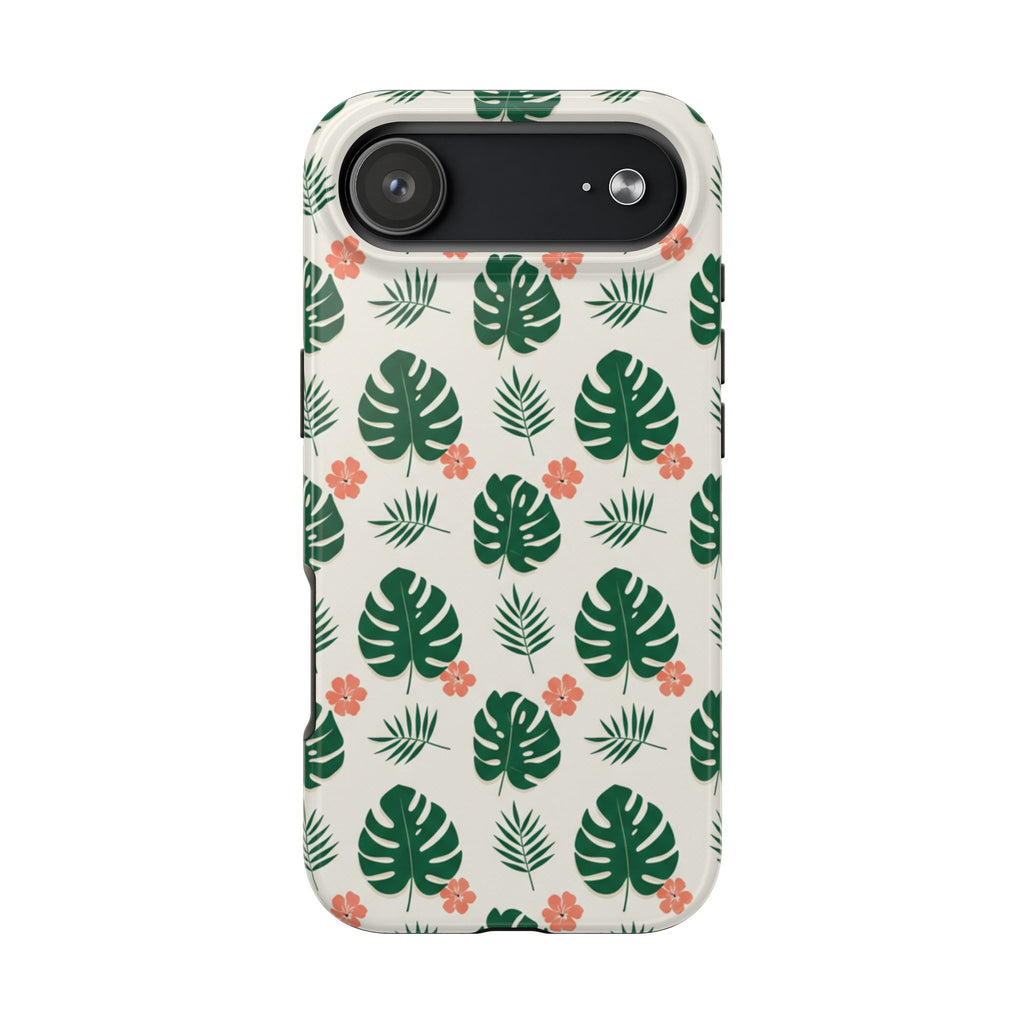 Tropical Leaves Tough Phone Case — Monstera & Pink Floral Protective Cover