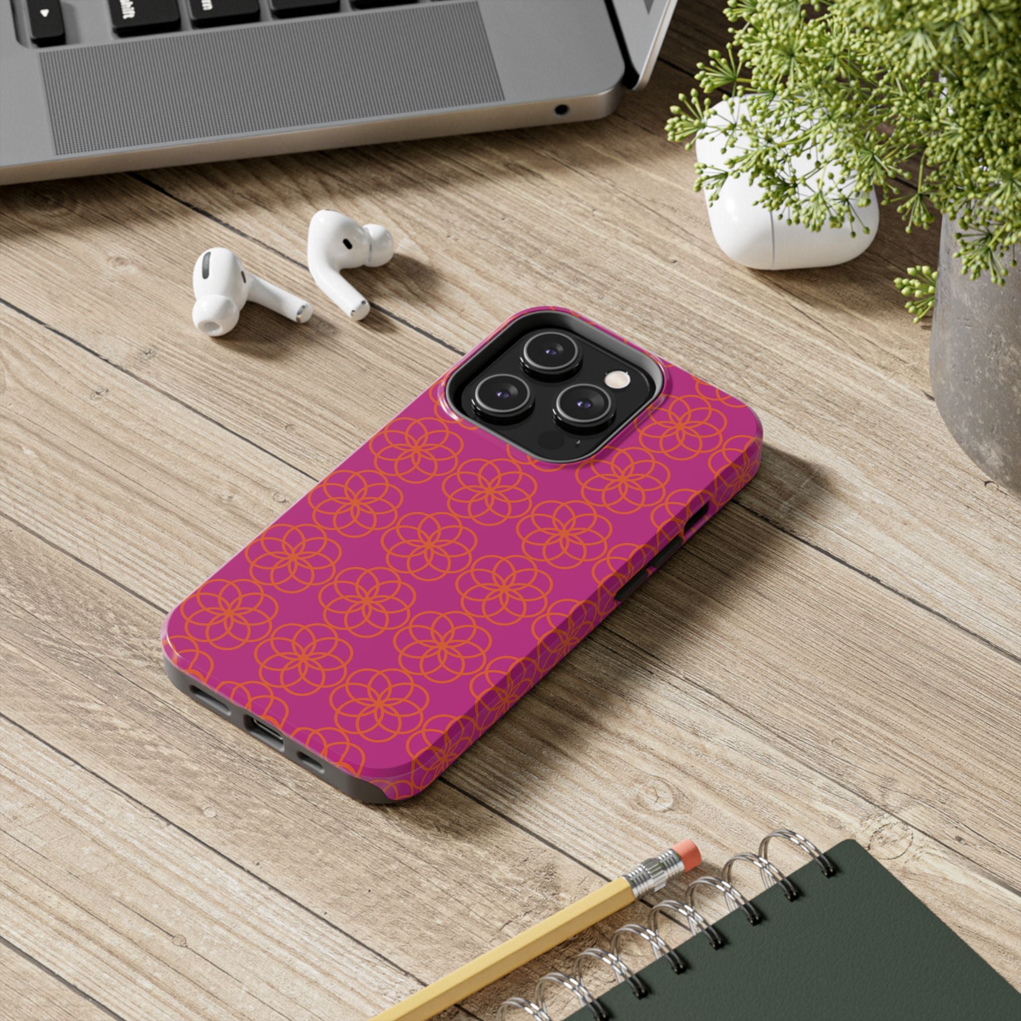 Floral Geometric Tough Phone Case — Pink & Orange Patterned Protective Cover