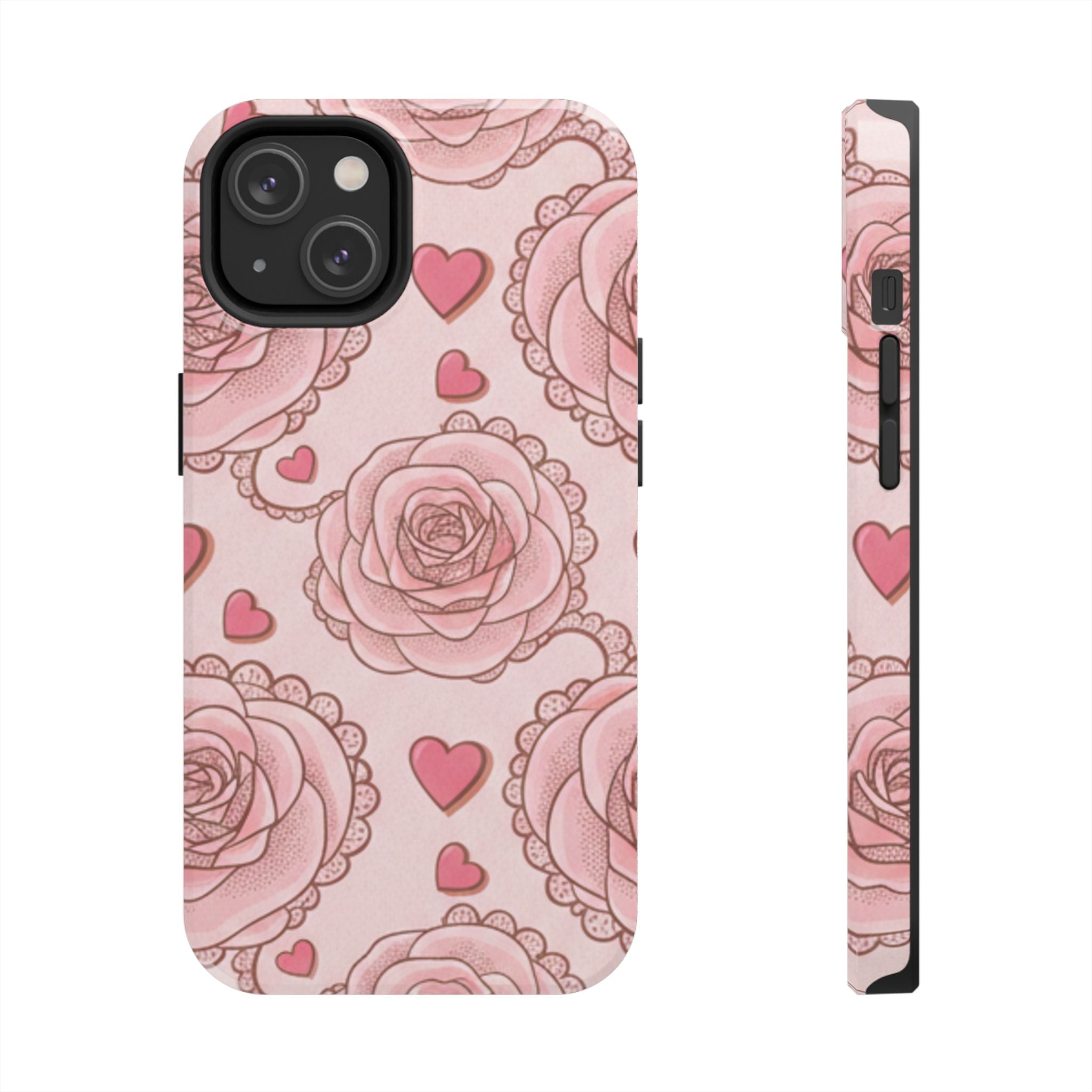 Floral Heart Phone Case — Pink Rose Pattern Tough Protective Case