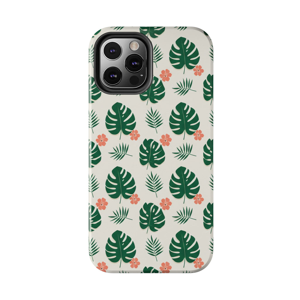 Tropical Leaves Tough Phone Case — Monstera & Pink Floral Protective Cover