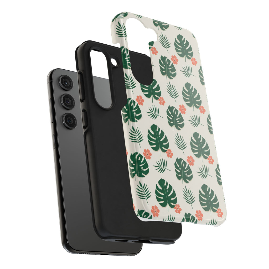 Tropical Leaves Tough Phone Case — Monstera & Pink Floral Protective Cover