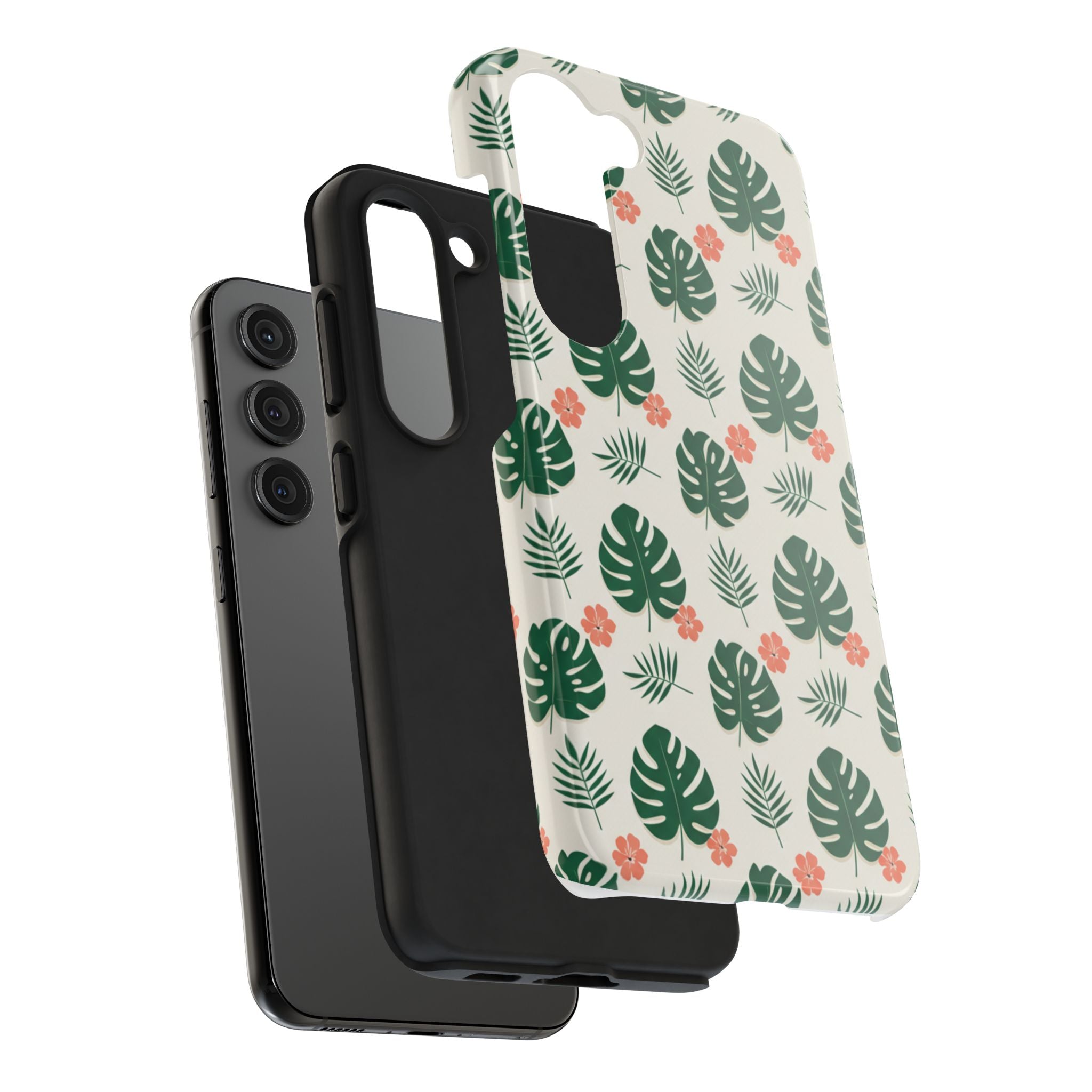 Tropical Leaves Tough Phone Case — Monstera & Pink Floral Protective Cover