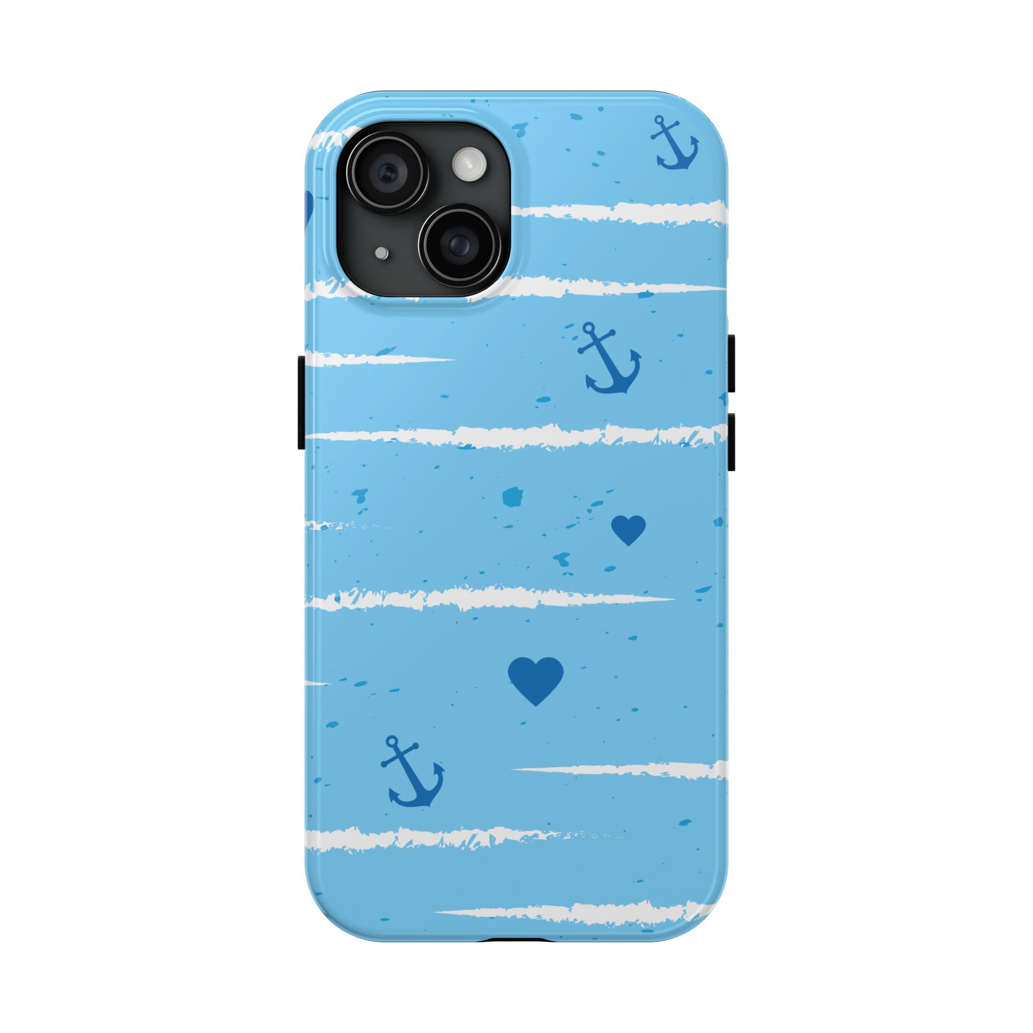 Nautical Blue Anchor & Hearts Tough Phone Case — Cute Striped Protective Cover