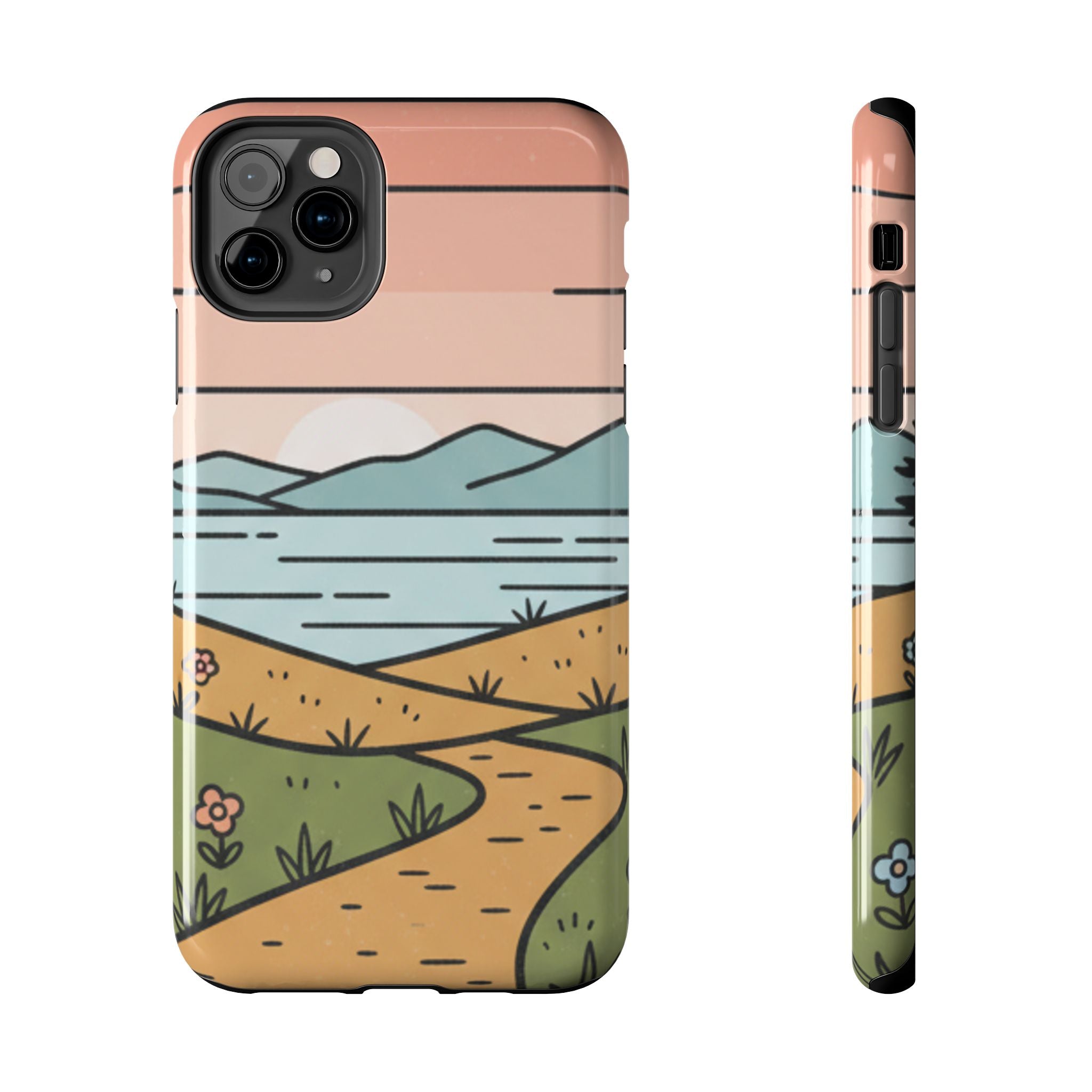 Scenic Path Tough Phone Case — Pastel Lake & Mountain Protective Cover