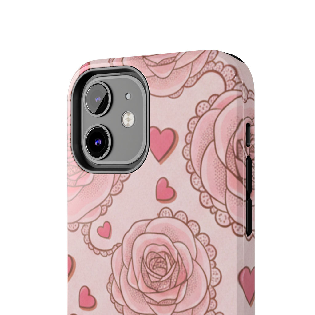 Floral Heart Phone Case — Pink Rose Pattern Tough Protective Case