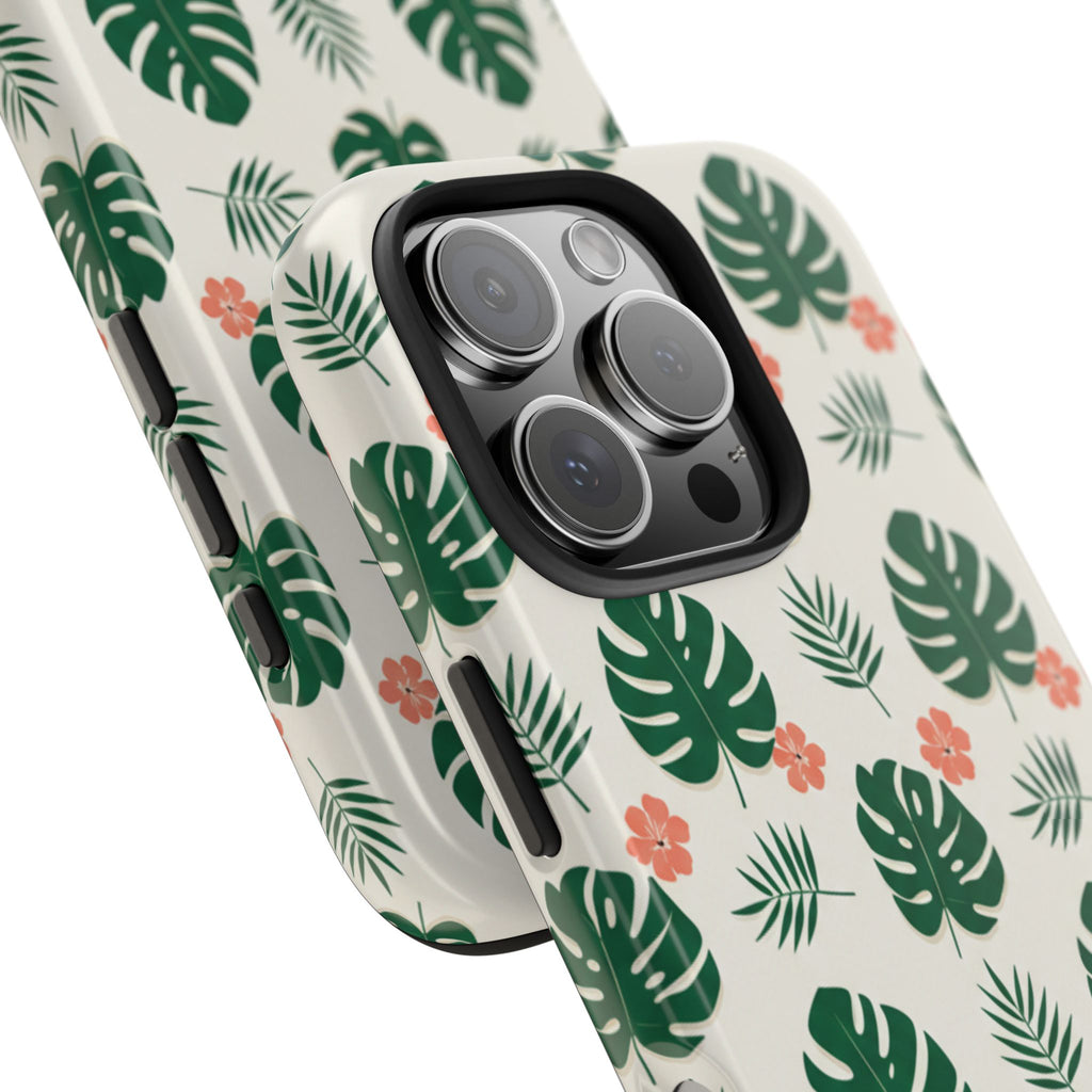 Tropical Leaves Tough Phone Case — Monstera & Pink Floral Protective Cover