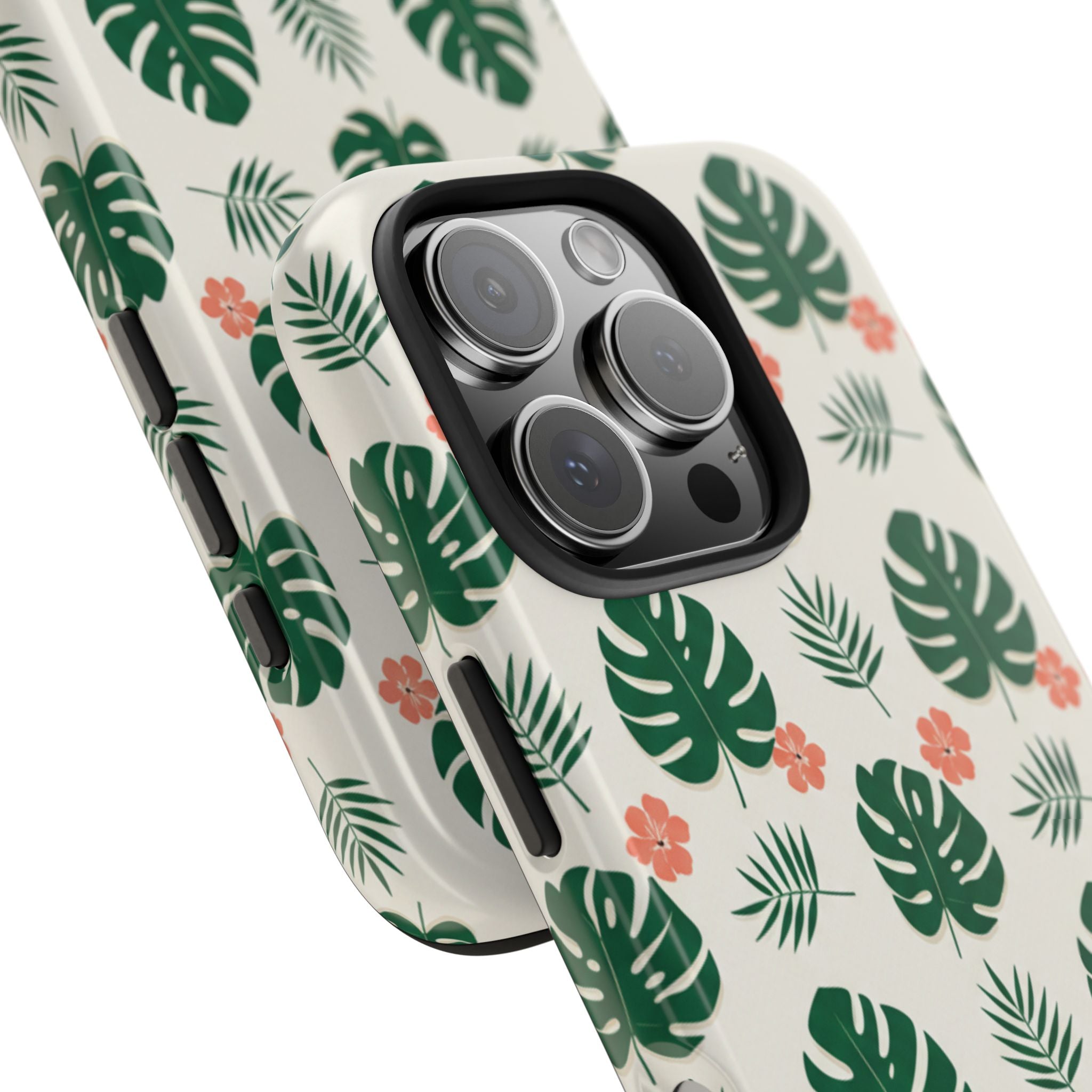 Tropical Leaves Tough Phone Case — Monstera & Pink Floral Protective Cover