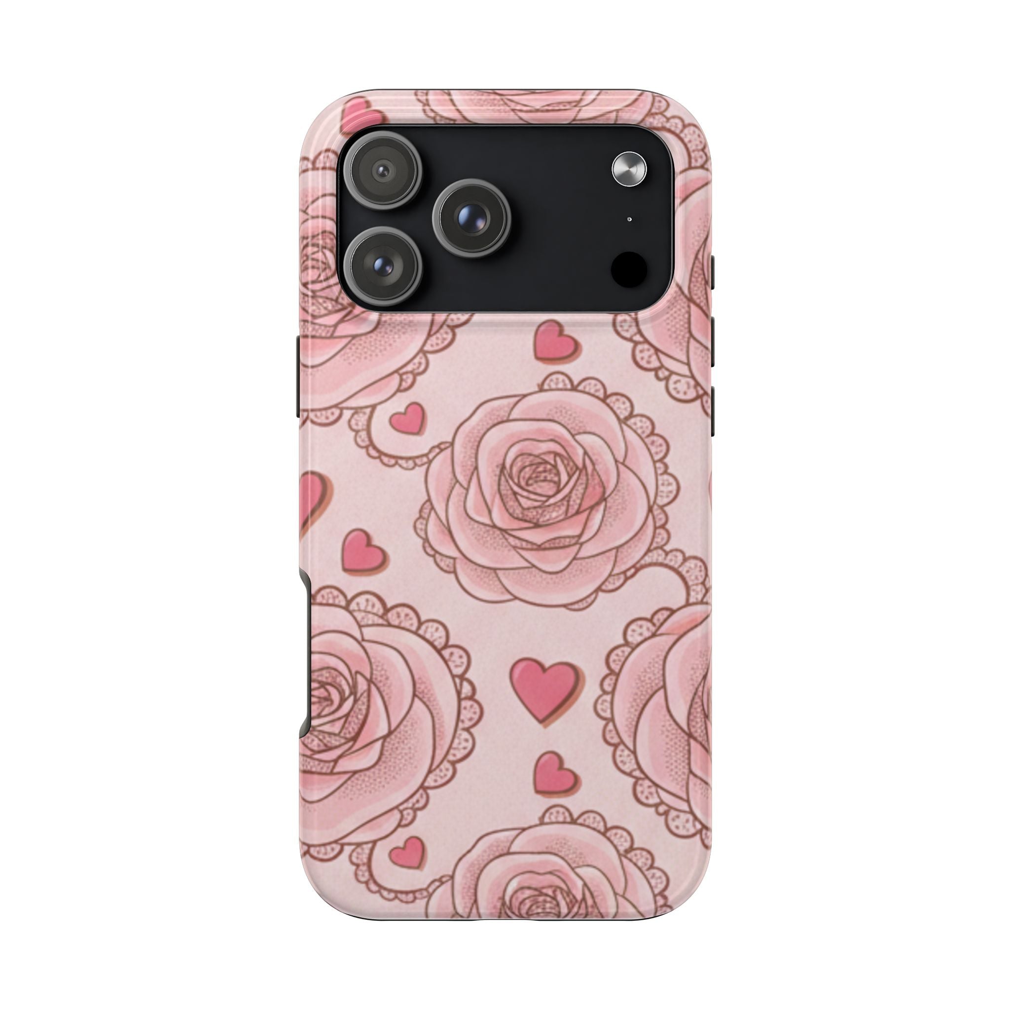 Floral Heart Phone Case — Pink Rose Pattern Tough Protective Case
