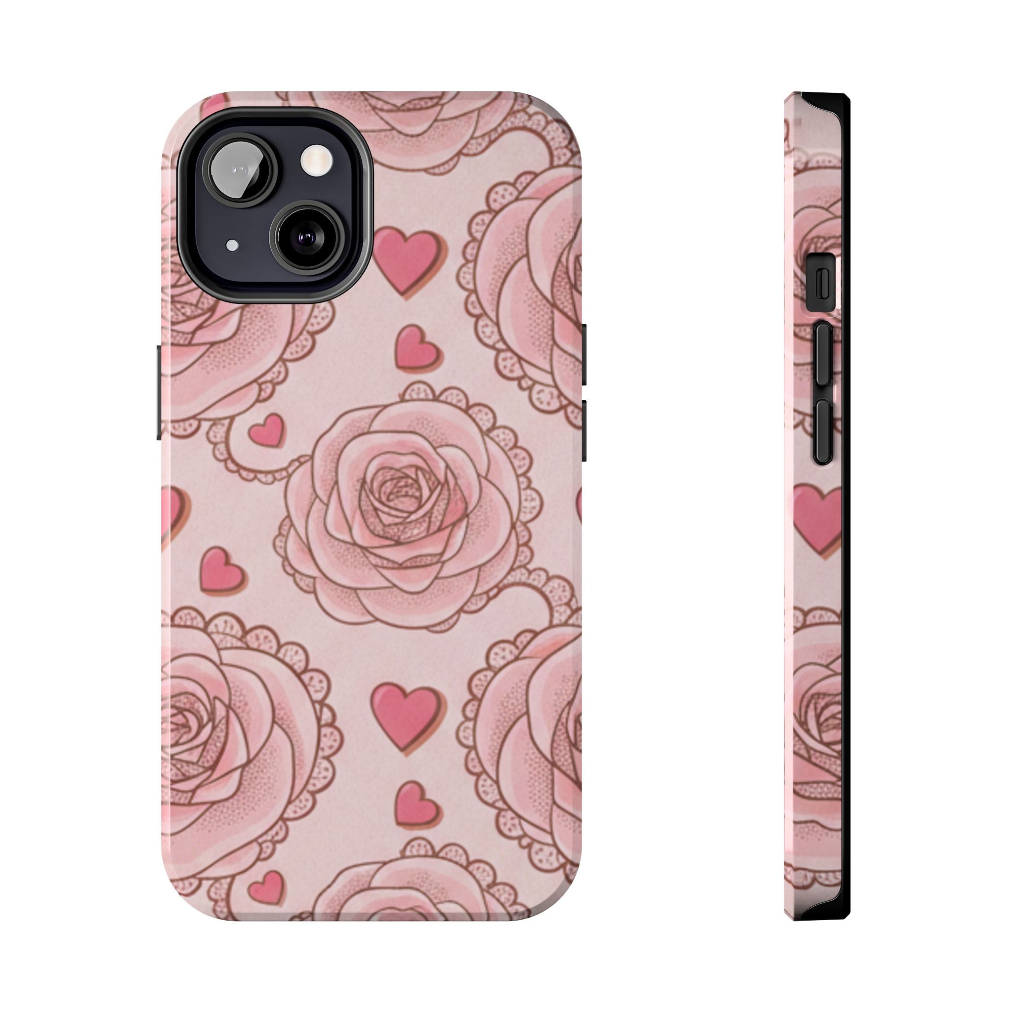 Floral Heart Phone Case — Pink Rose Pattern Tough Protective Case