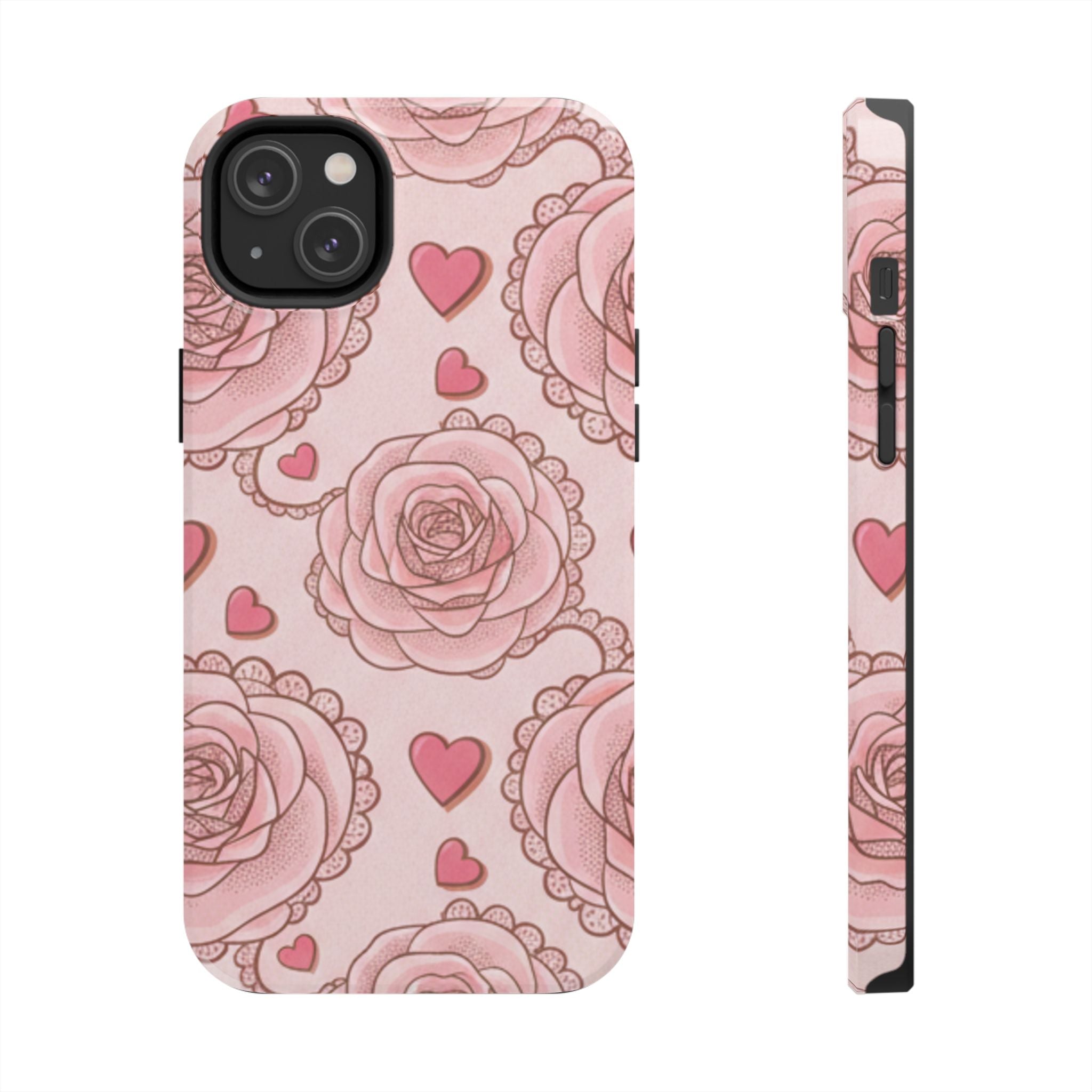 Floral Heart Phone Case — Pink Rose Pattern Tough Protective Case