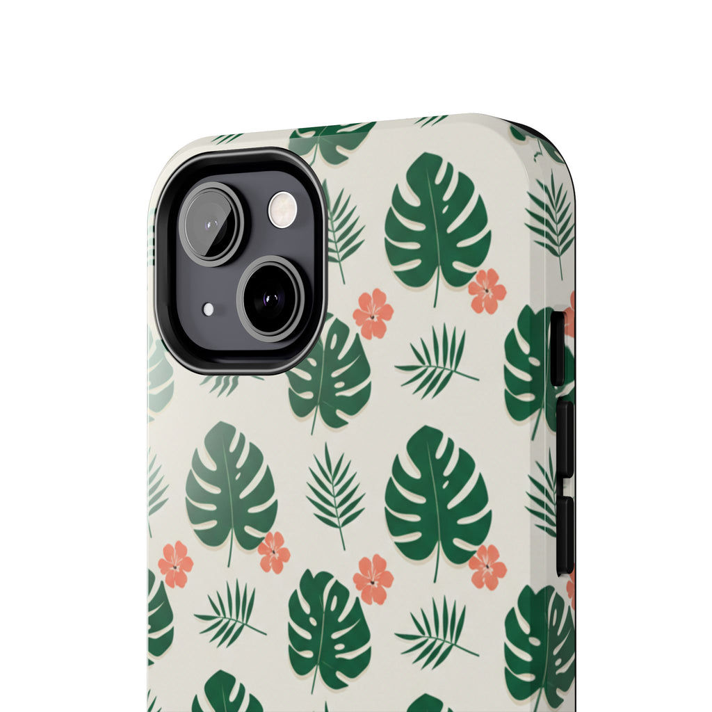 Tropical Leaves Tough Phone Case — Monstera & Pink Floral Protective Cover