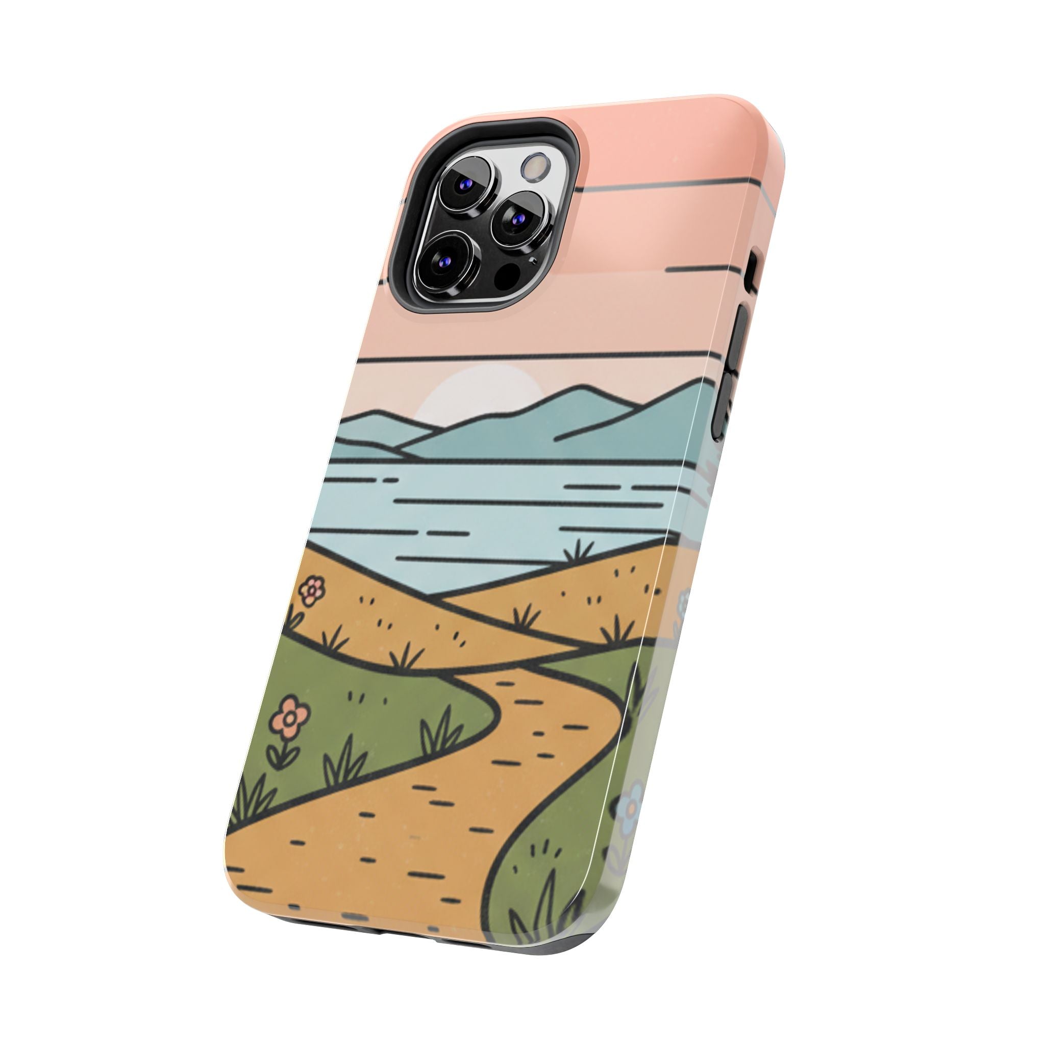 Scenic Path Tough Phone Case — Pastel Lake & Mountain Protective Cover