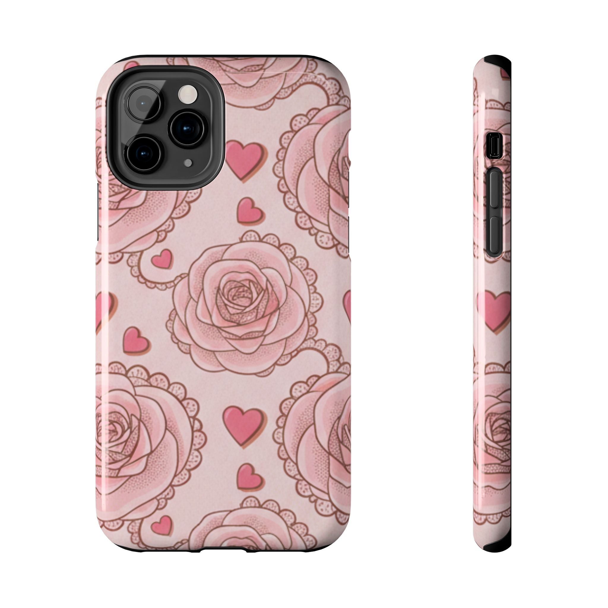 Floral Heart Phone Case — Pink Rose Pattern Tough Protective Case