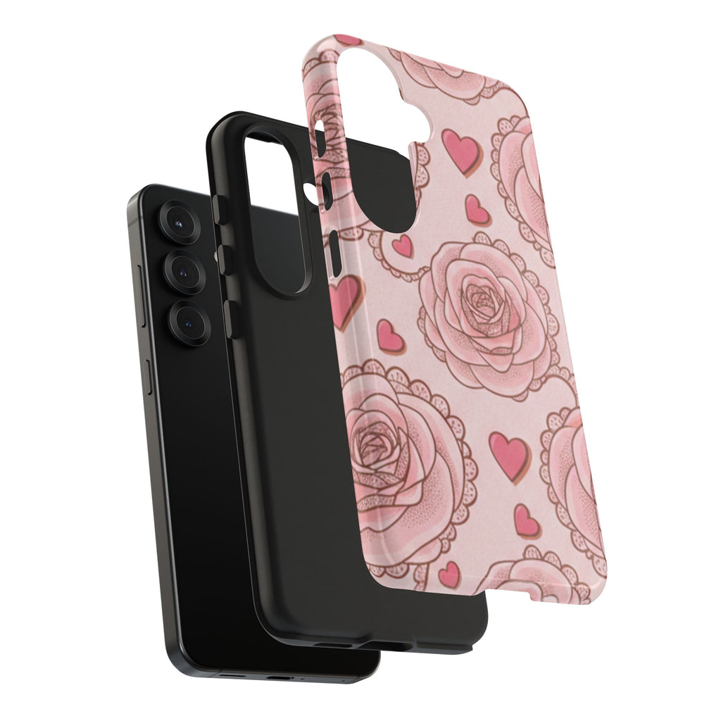 Floral Heart Phone Case — Pink Rose Pattern Tough Protective Case
