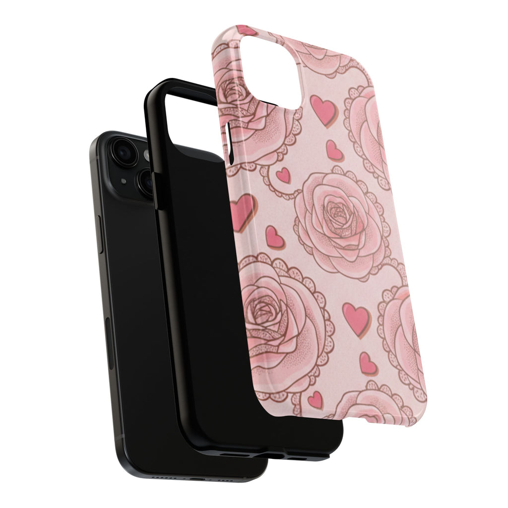 Floral Heart Phone Case — Pink Rose Pattern Tough Protective Case