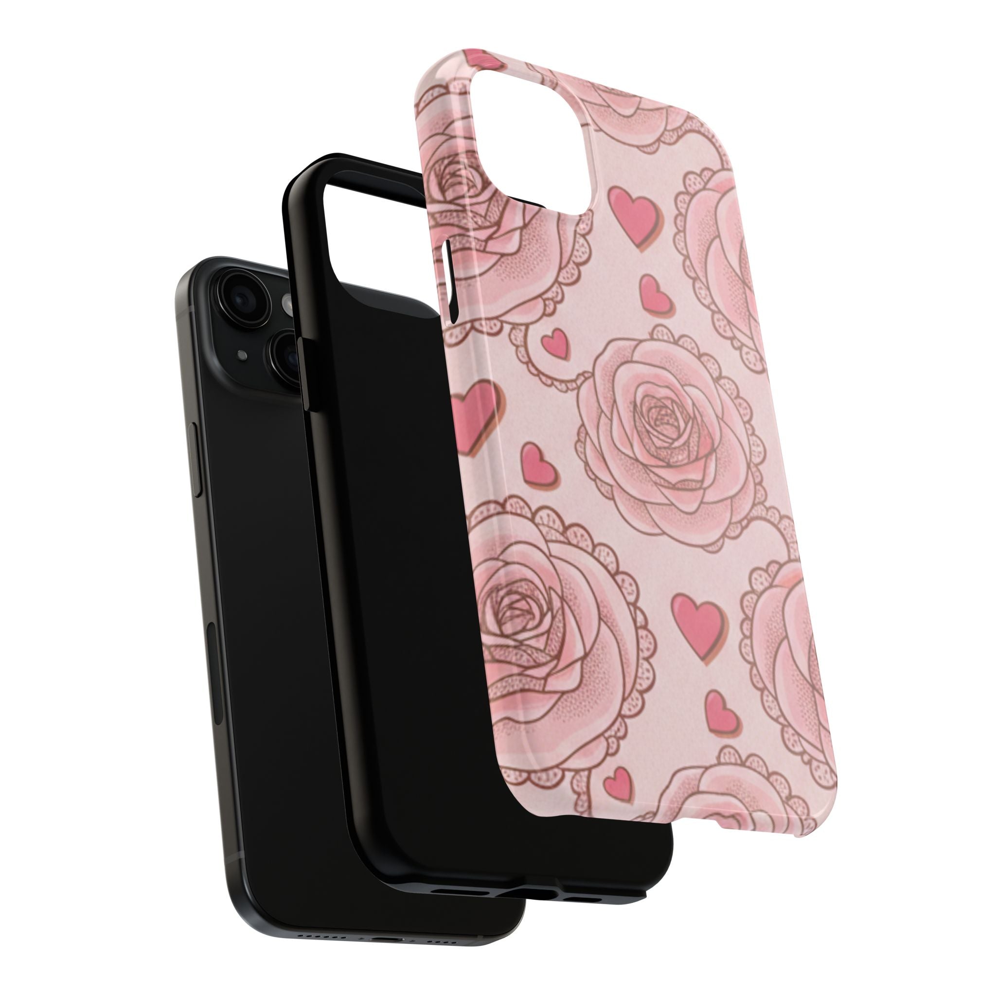 Floral Heart Phone Case — Pink Rose Pattern Tough Protective Case