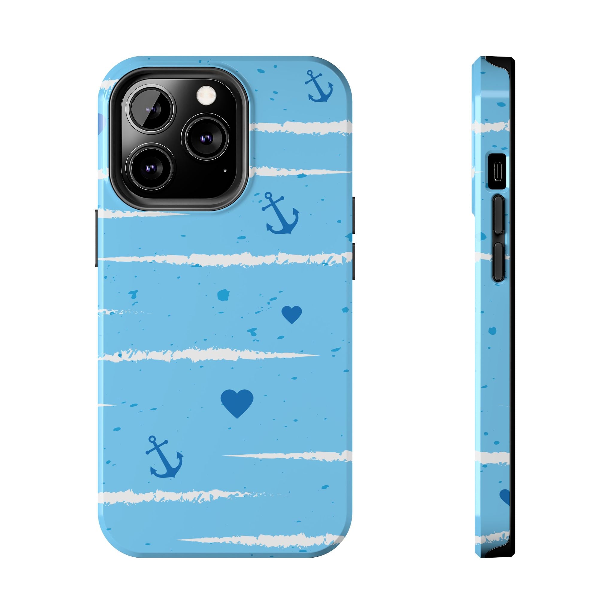 Nautical Blue Anchor & Hearts Tough Phone Case — Cute Striped Protective Cover