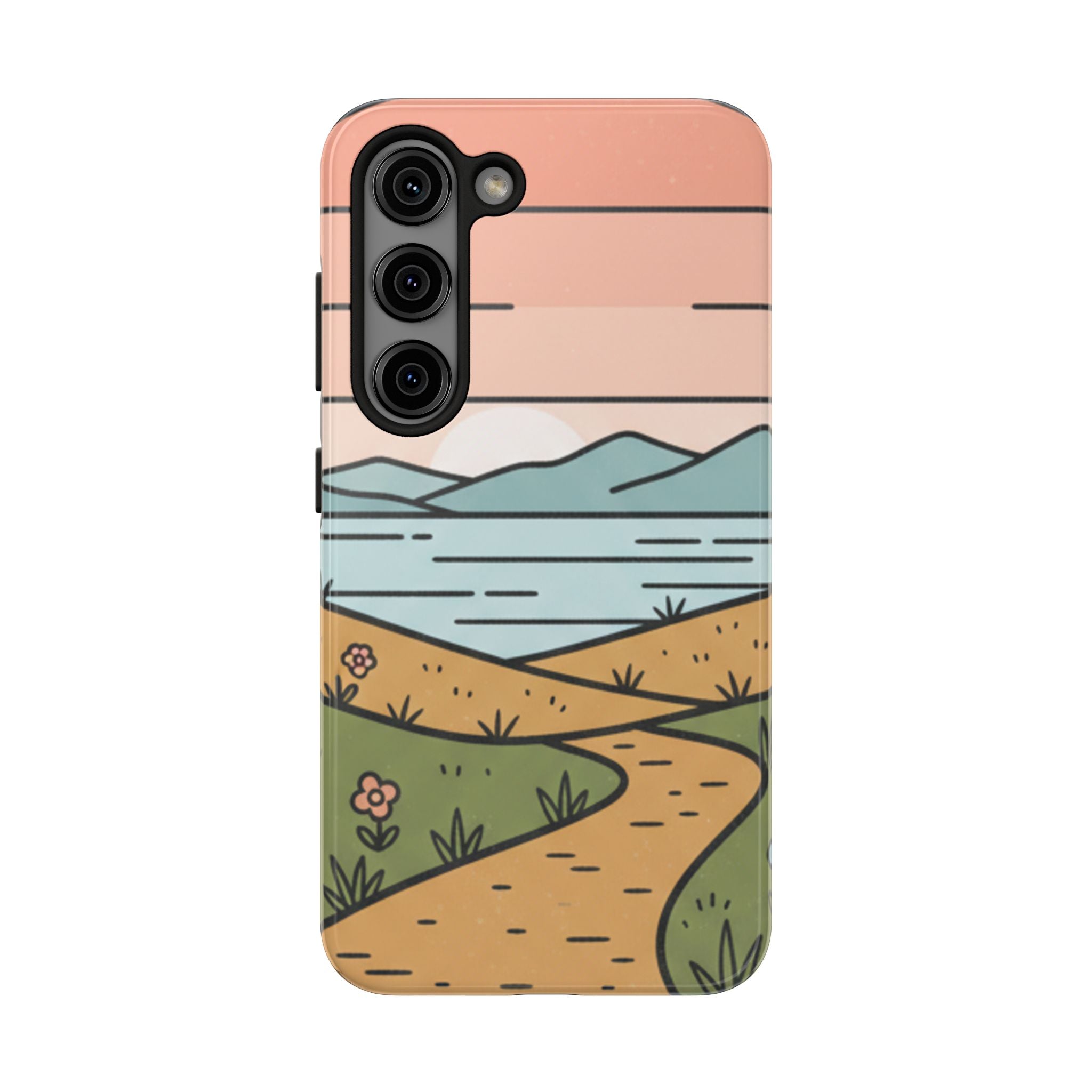 Scenic Path Tough Phone Case — Pastel Lake & Mountain Protective Cover