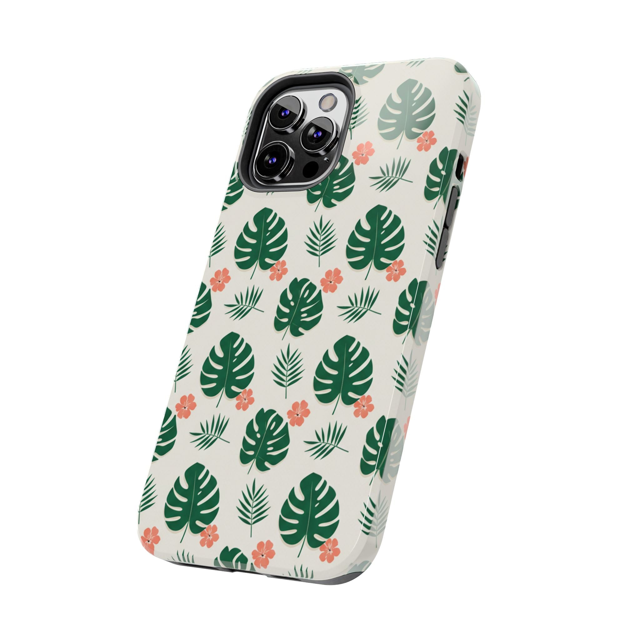 Tropical Leaves Tough Phone Case — Monstera & Pink Floral Protective Cover