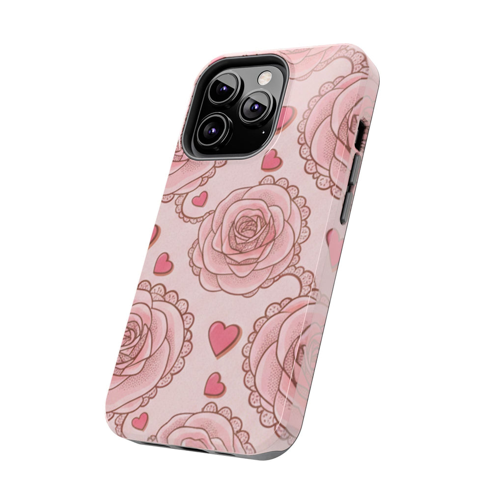 Floral Heart Phone Case — Pink Rose Pattern Tough Protective Case