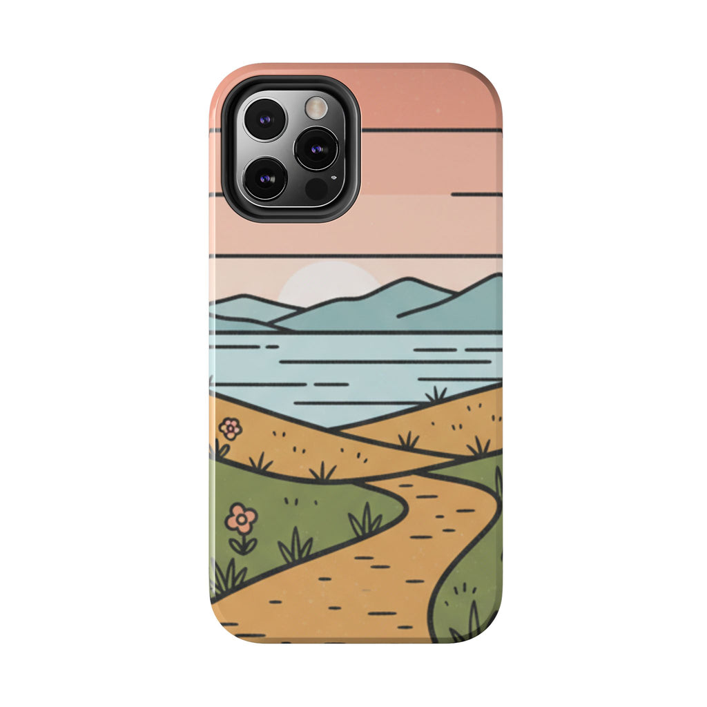 Scenic Path Tough Phone Case — Pastel Lake & Mountain Protective Cover